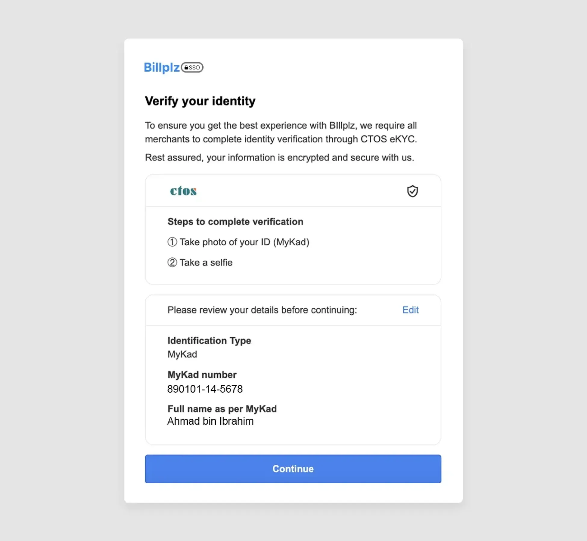 Billplz SSO - Verify your identity screen