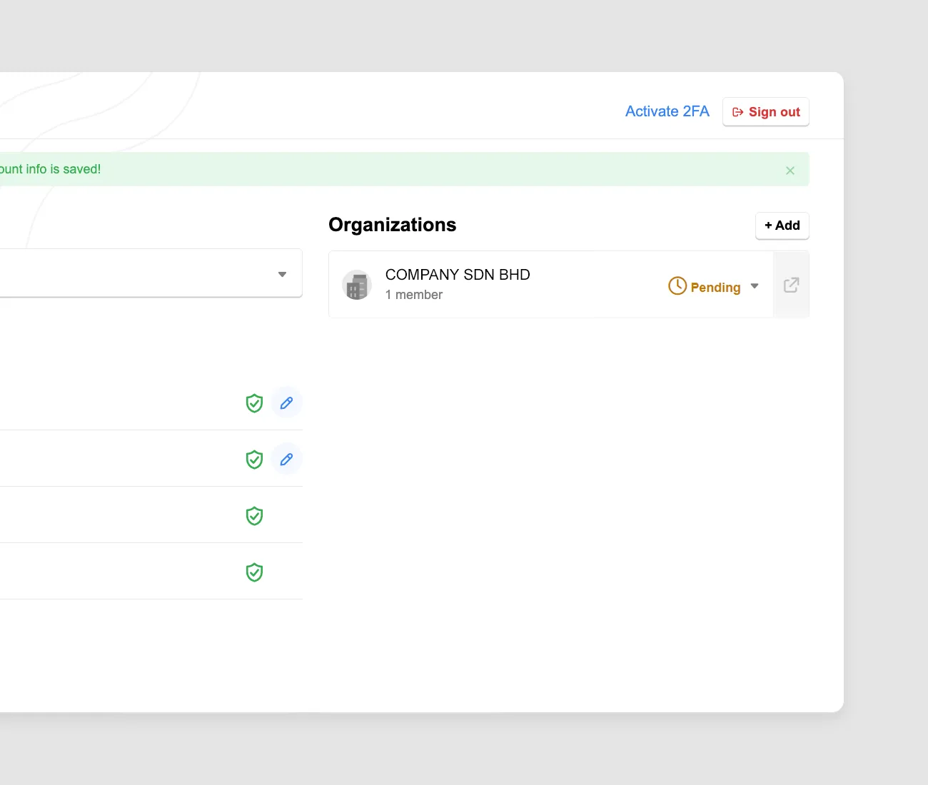 Billplz SSO - Dashboard showing organization with pending status
