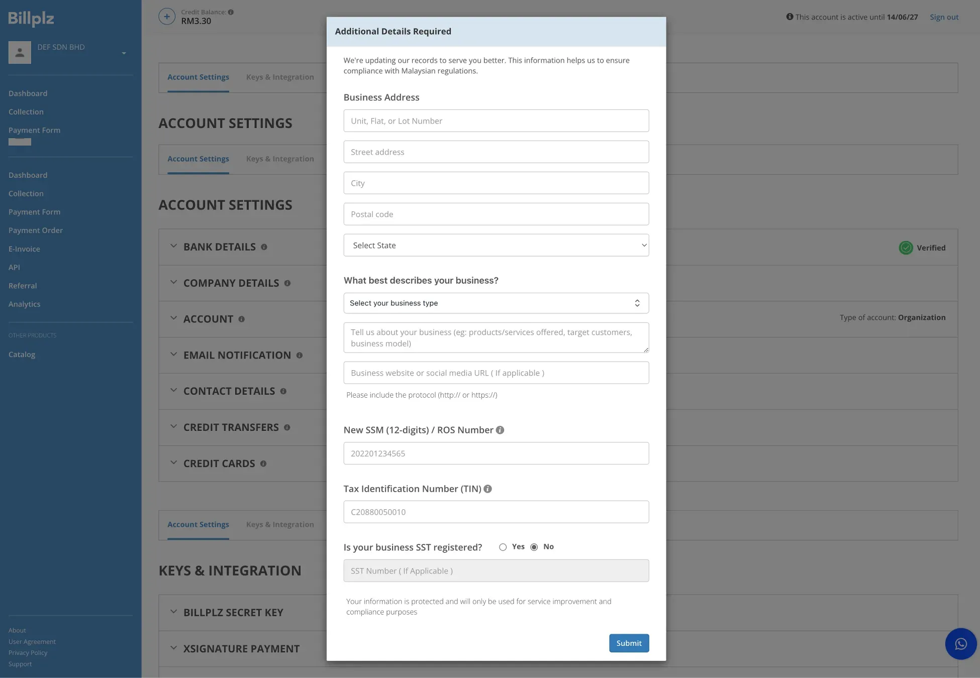 Billplz Dashboard Compliance Modal - The comprehensive "Additional Details Required" interface collecting tax identification and registration details for regulatory compliance.