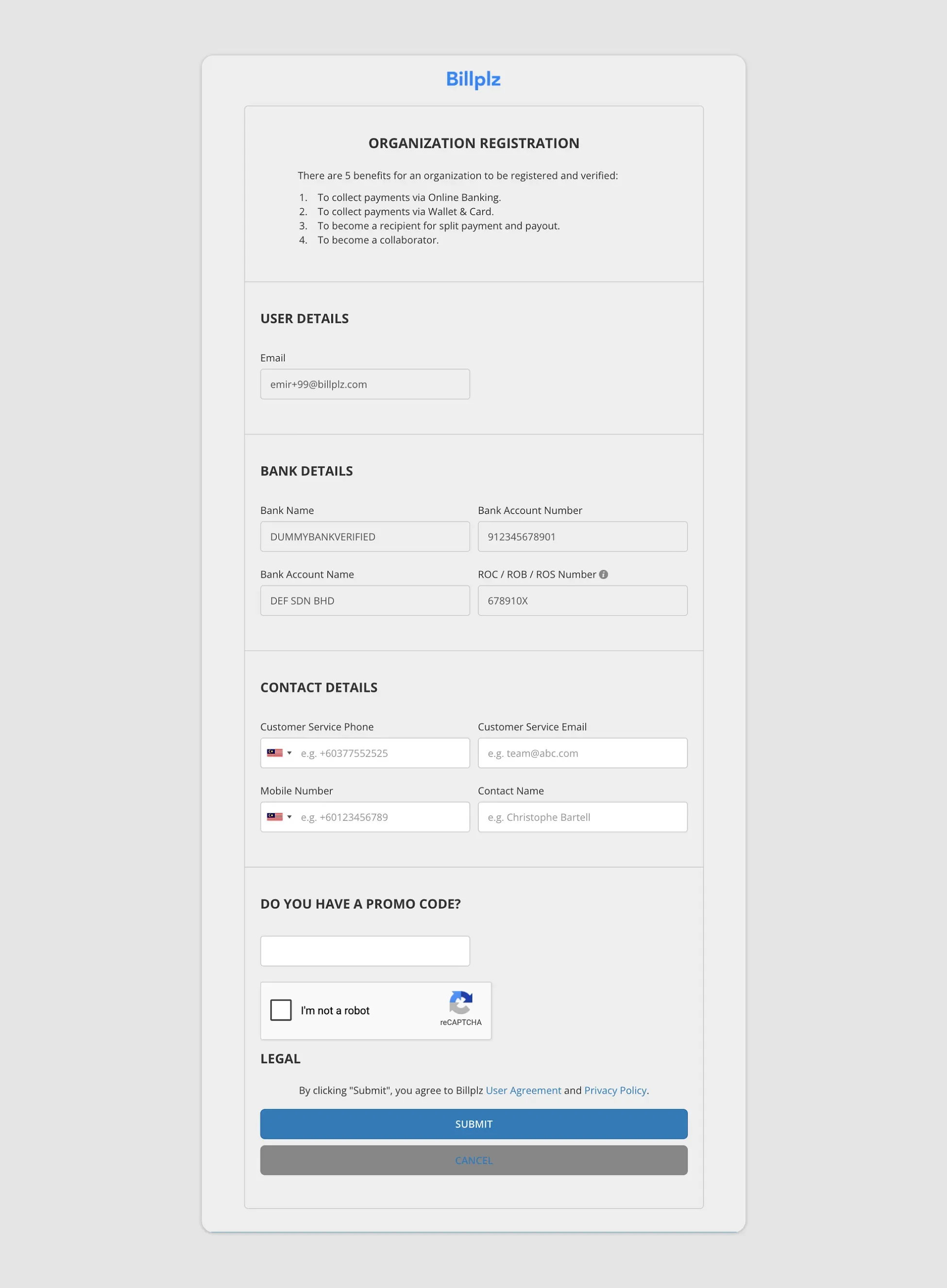 Billplz Organization Registration - Final onboarding form layout mapping out user verification details, pre-filled banking parameters, and empty customer service contact fields.