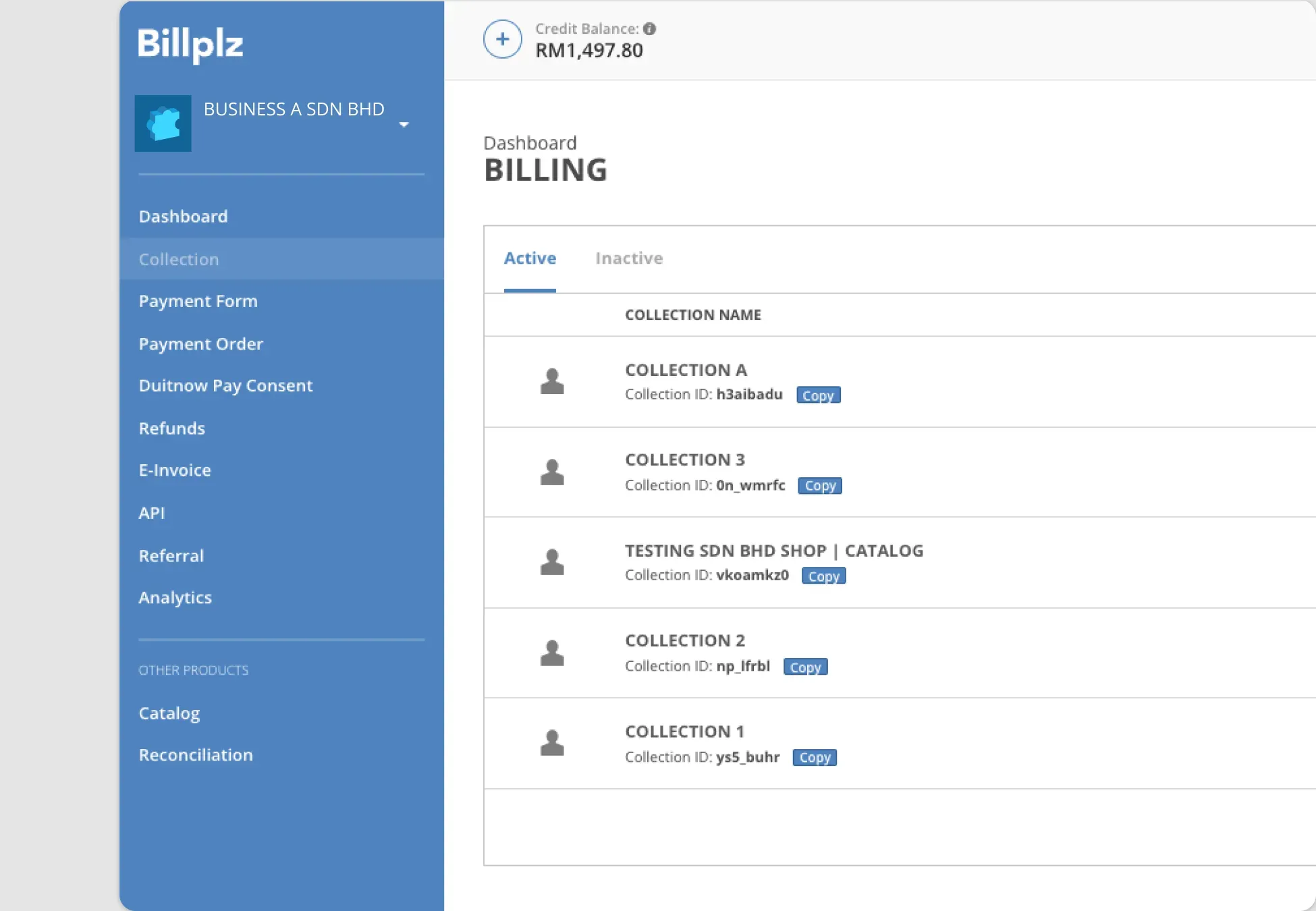 Billplz Dashboard - Collection list showing active collection names and IDs.