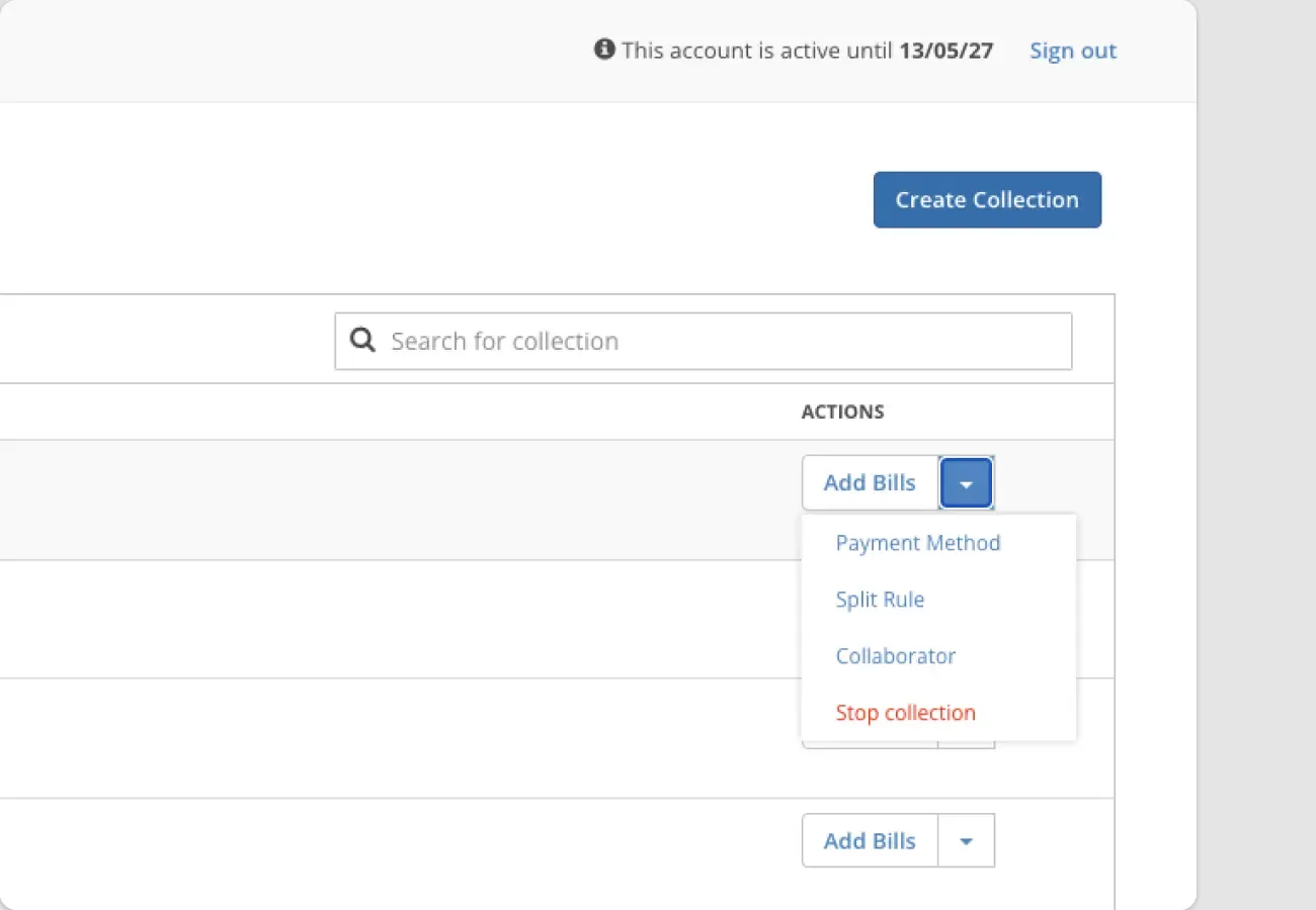 Billplz Actions Menu - Dropdown options for Add Bills, Payment Method, and Stop collection.