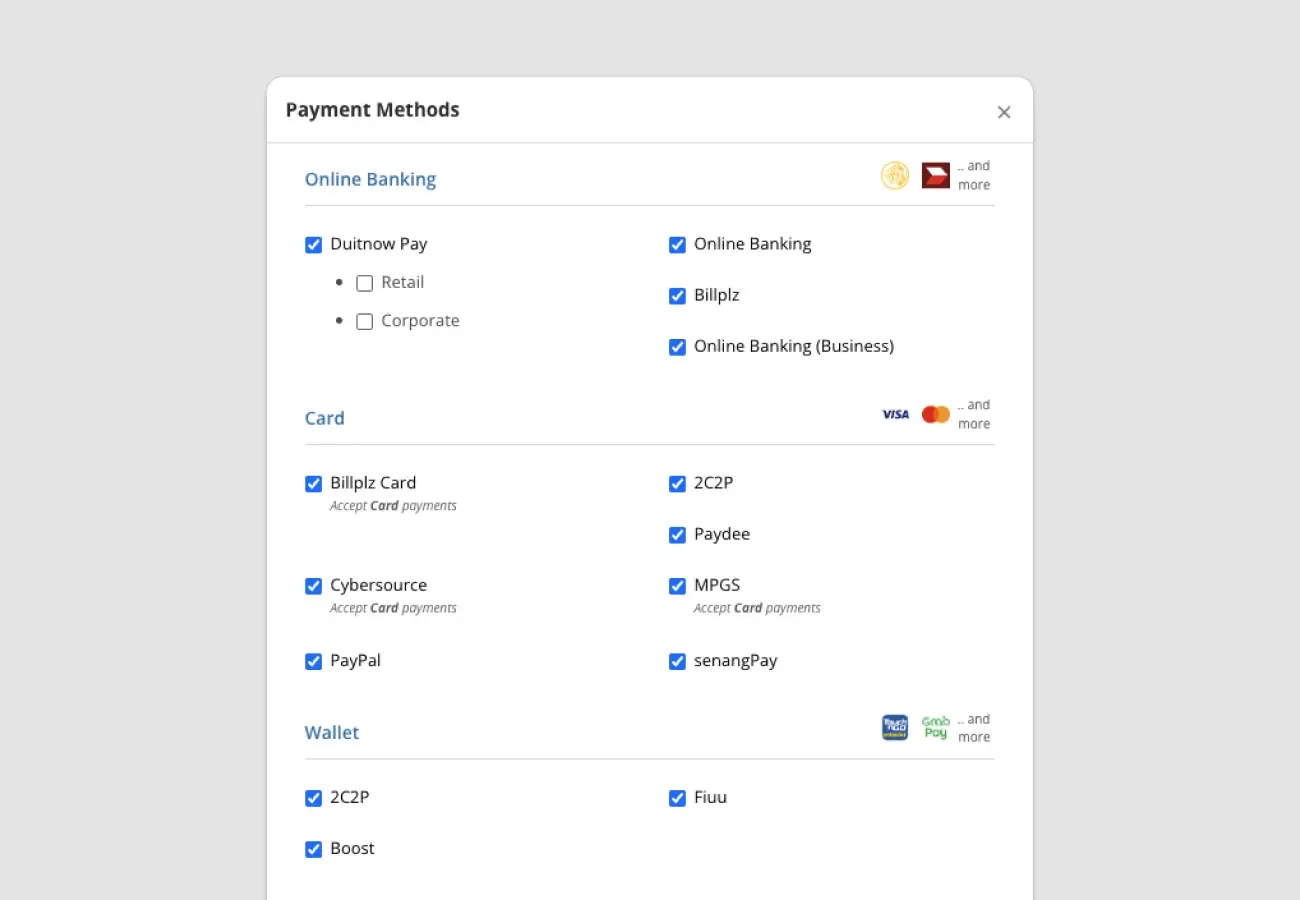 Billplz Payment Methods - Configuration modal to enable Online Banking, Card, and Wallet options.