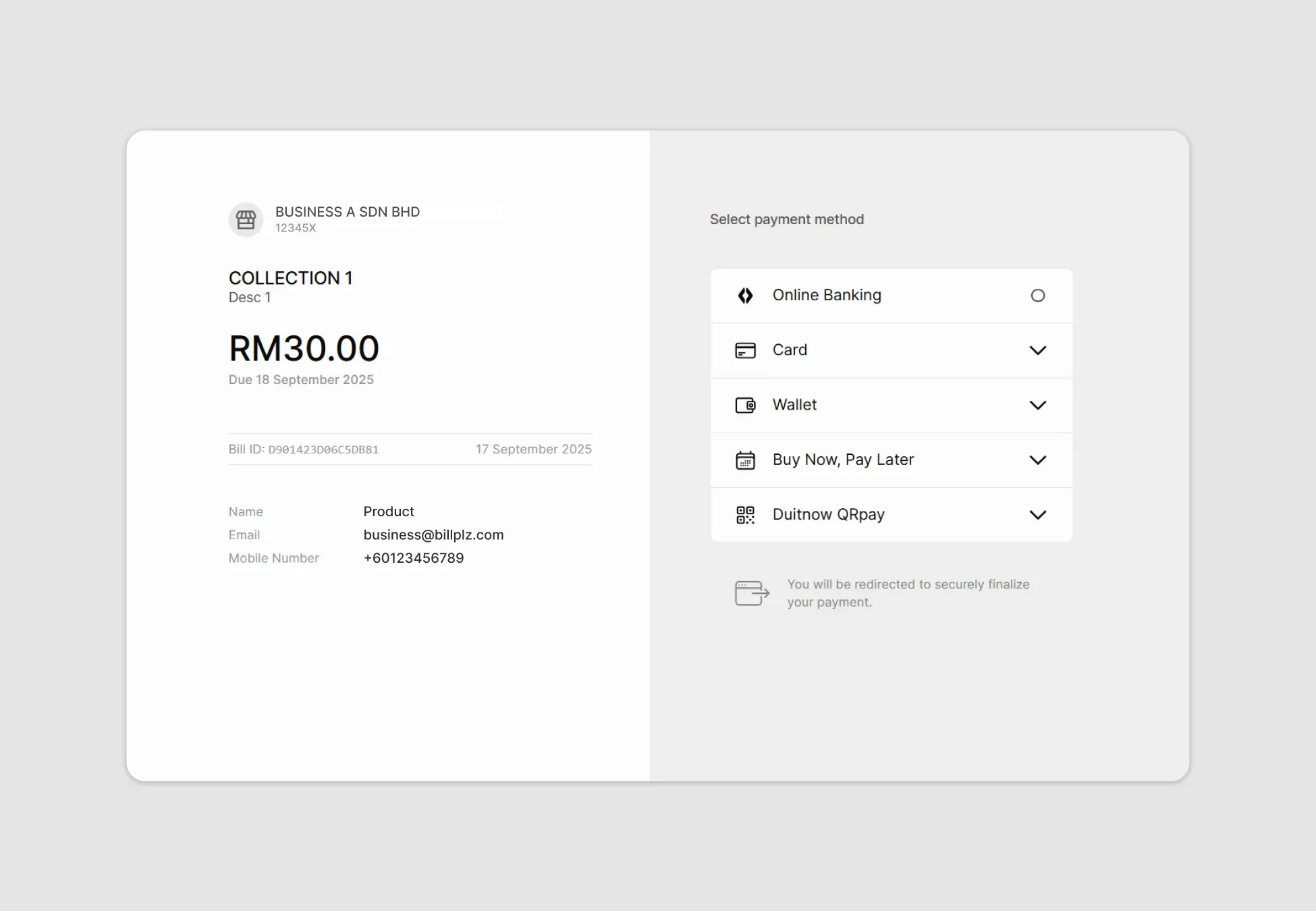 Billplz Checkout View - Customer bill details and payment method selection screen.