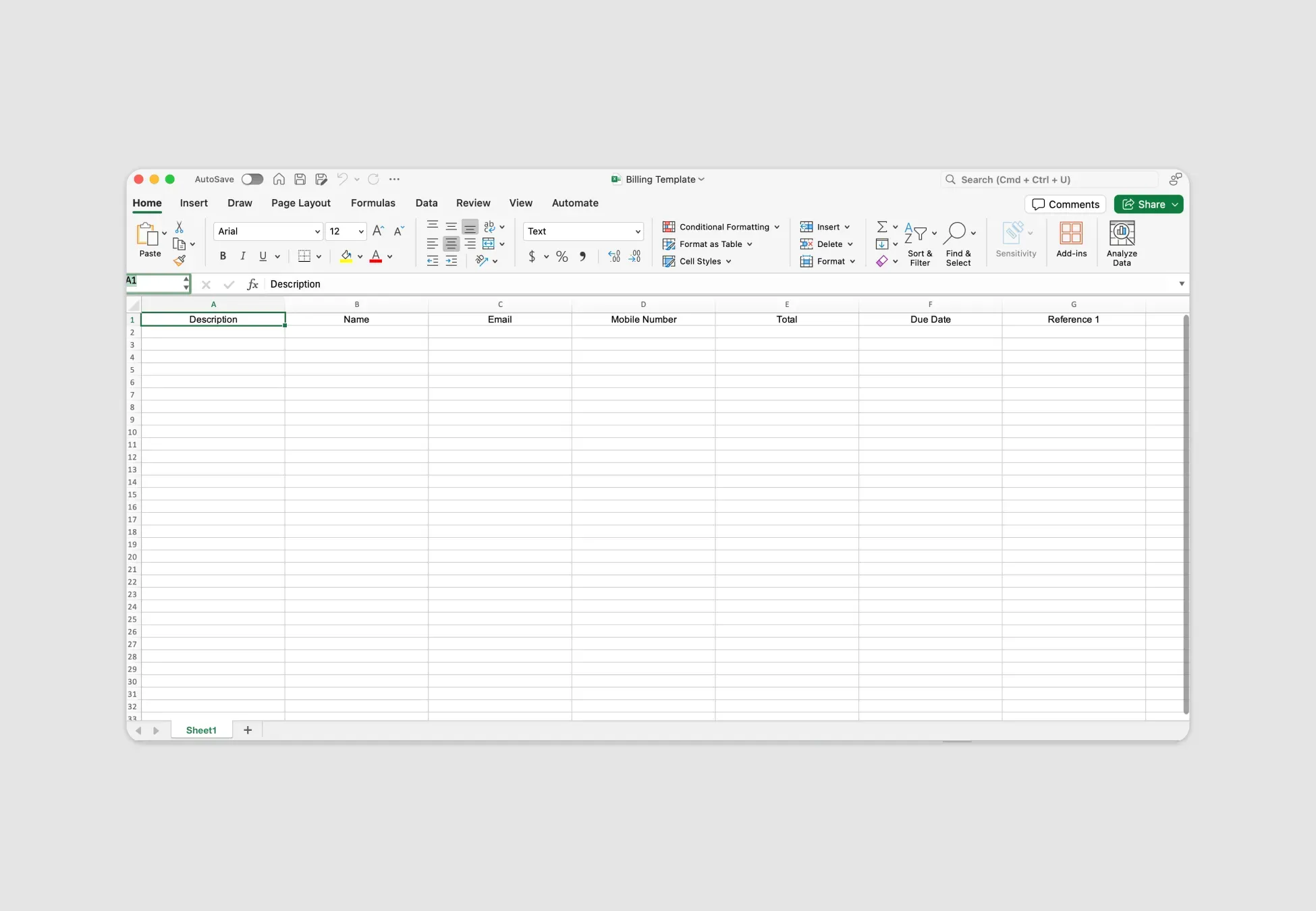 Billplz Excel Template - Spreadsheet layout for bulk billing with headers for description, name, and total.