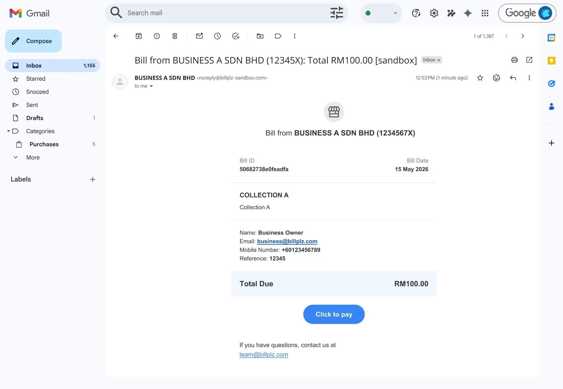 Billplz Email Notification - Bill details with "Click to pay" button.
