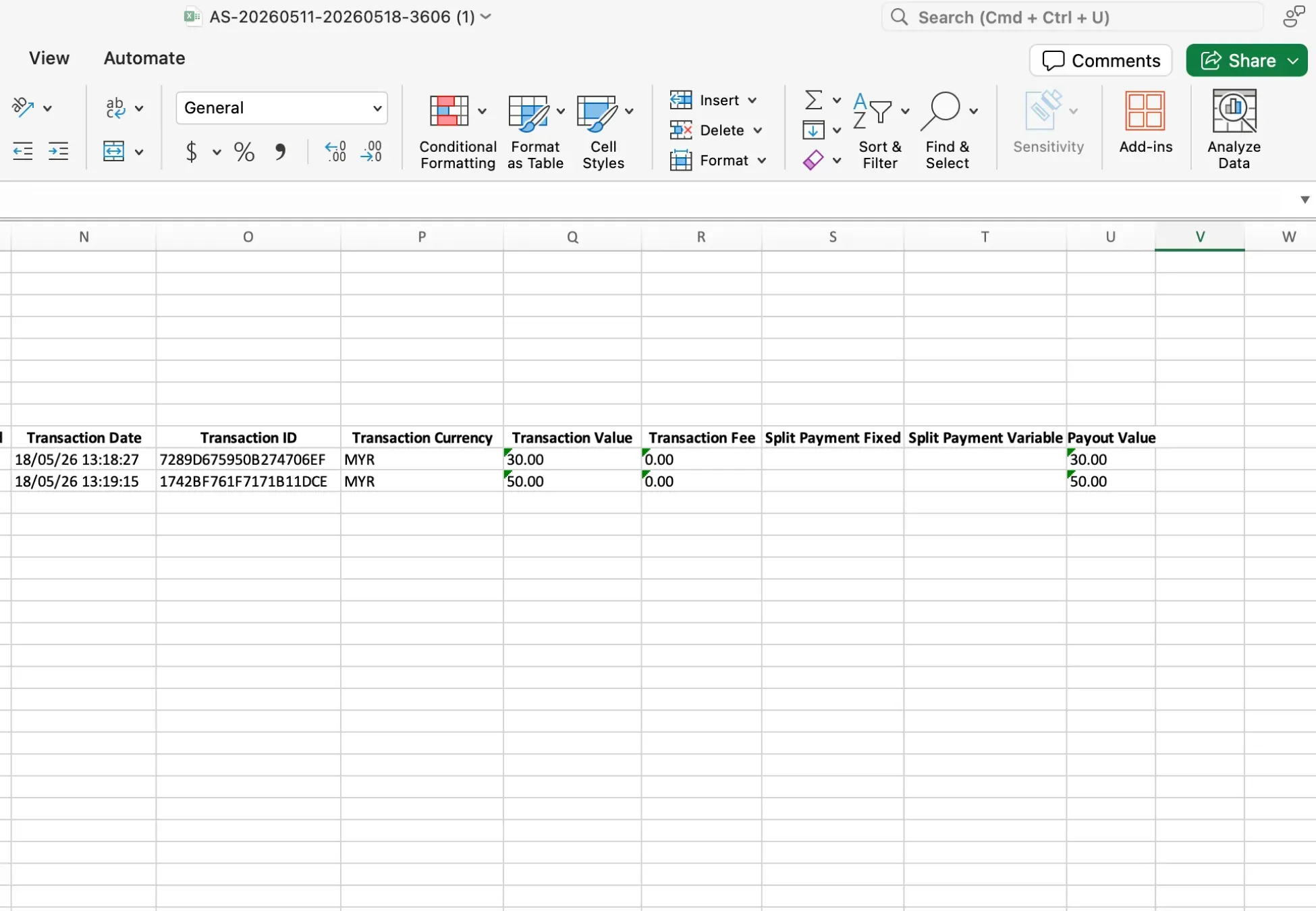 Billplz Account Statement - Reviewing transaction dates, values, fees, and final payout columns within the spreadsheet rows for reconciliation.