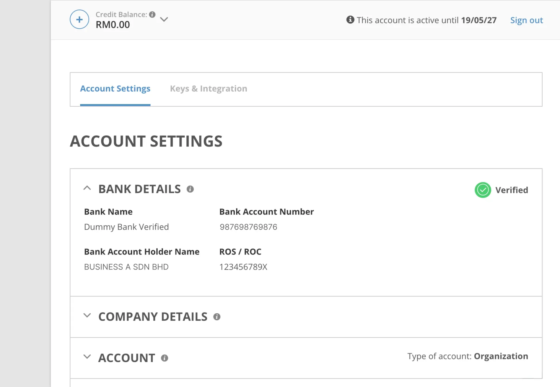 Billplz Account Settings - Verified bank details section displaying bank name, account number, and holder name.