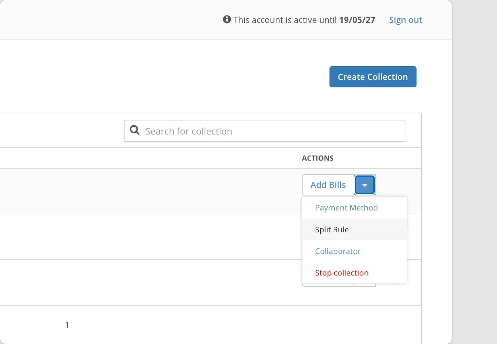 Billplz Actions Menu - Clicking the Split Rule option from the collection dropdown list.