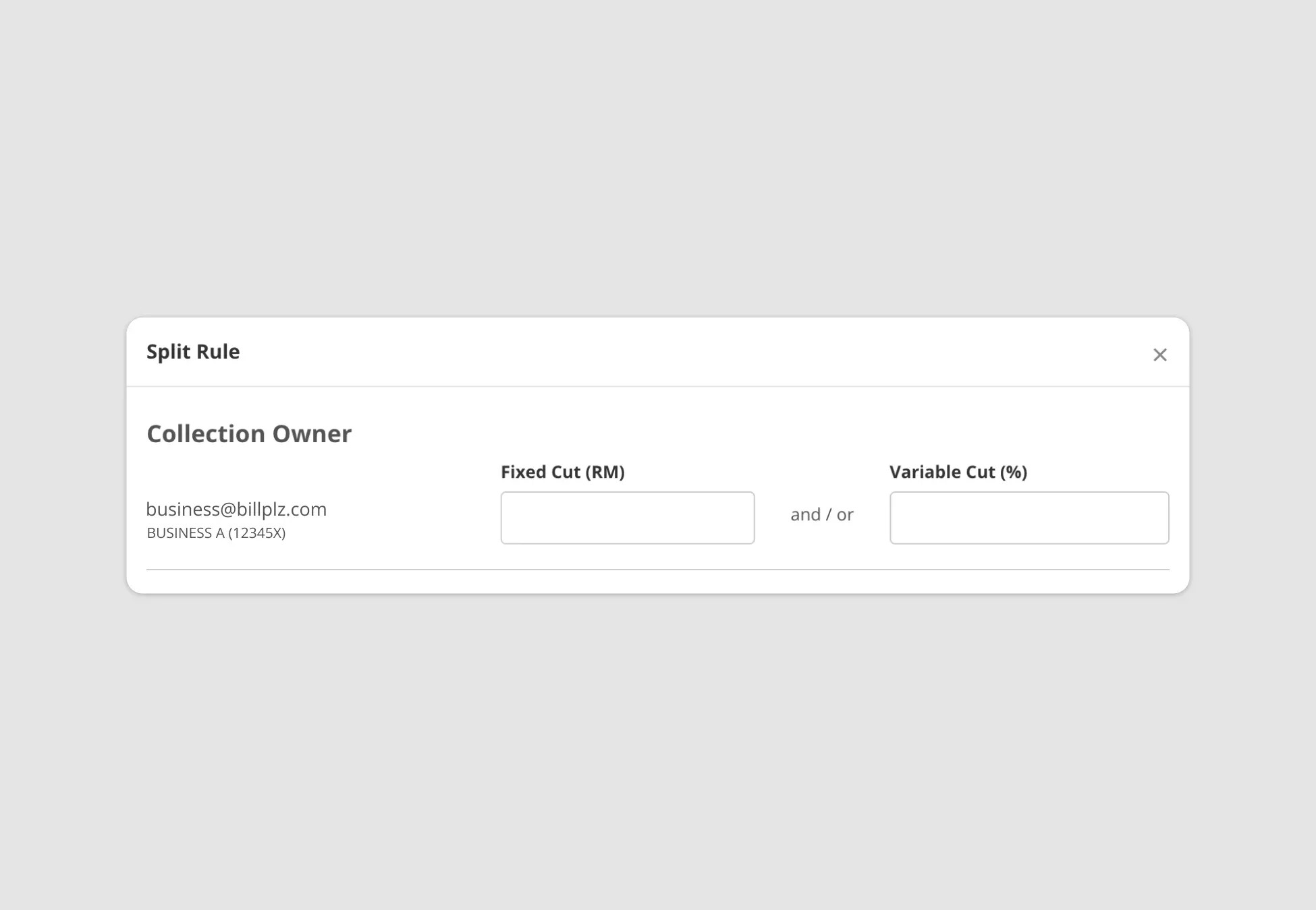 Billplz Split Rule - Configuration modal to set Fixed Cut or Variable Cut for the Collection Owner.