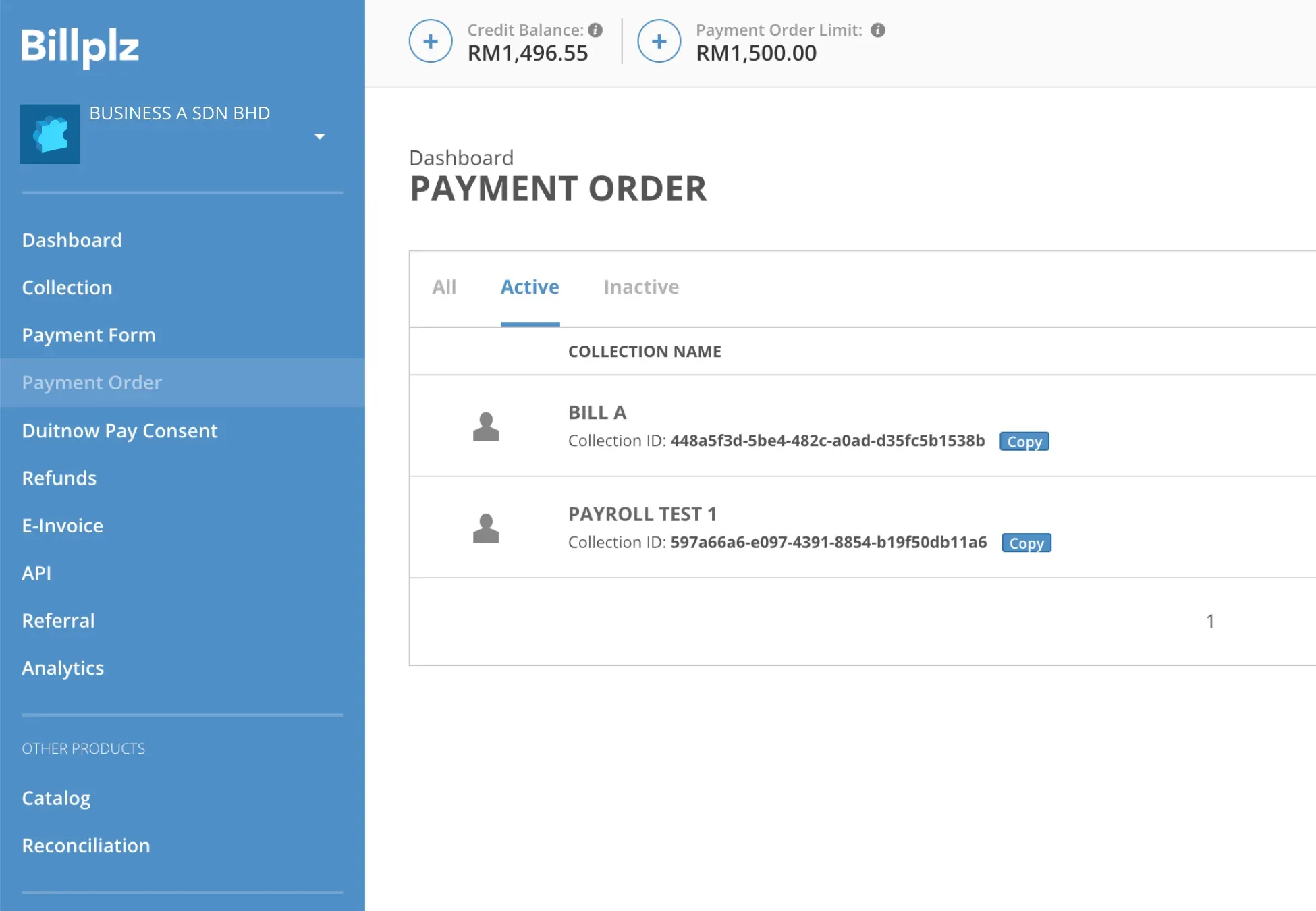 Billplz Dashboard - Payment Order section displaying current Credit Balance and Payment Order Limit in the header.