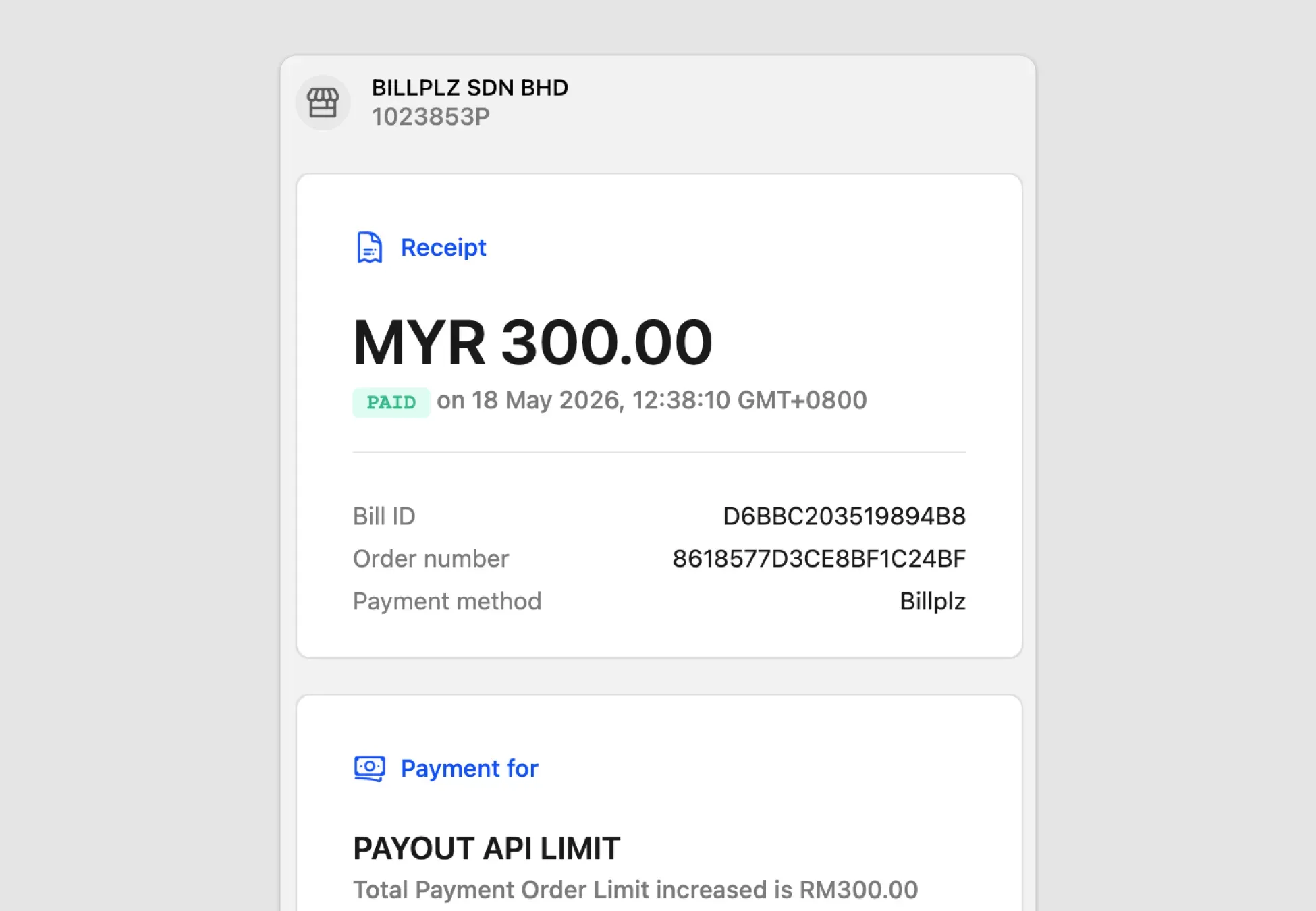 Billplz Receipt - Digital invoice receipt confirming a successful payment of MYR 100.00 for the Payout API Limit.