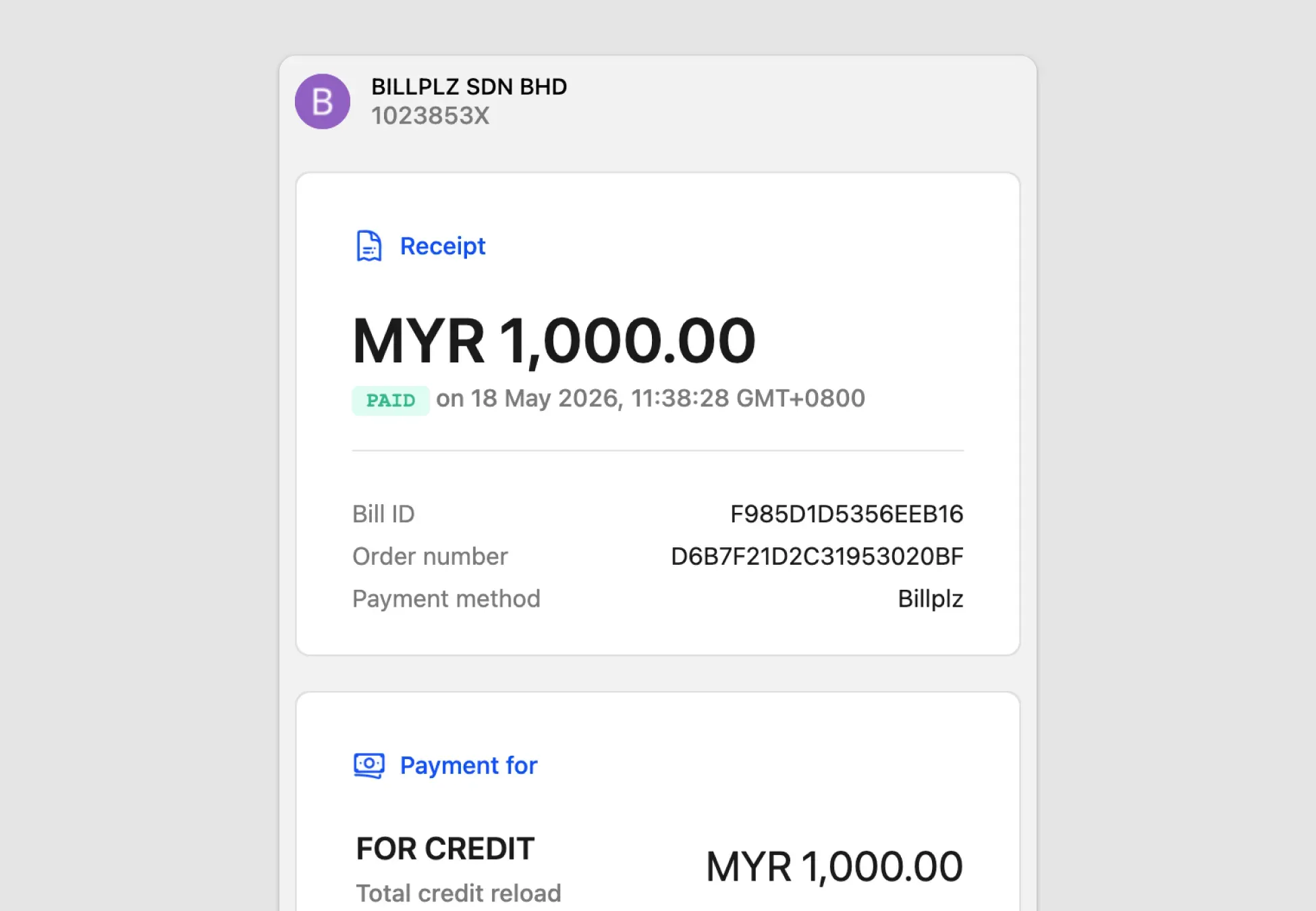 Billplz Receipt - Digital invoice receipt confirming a successful payment of MYR 1,000.00 for credit reload.