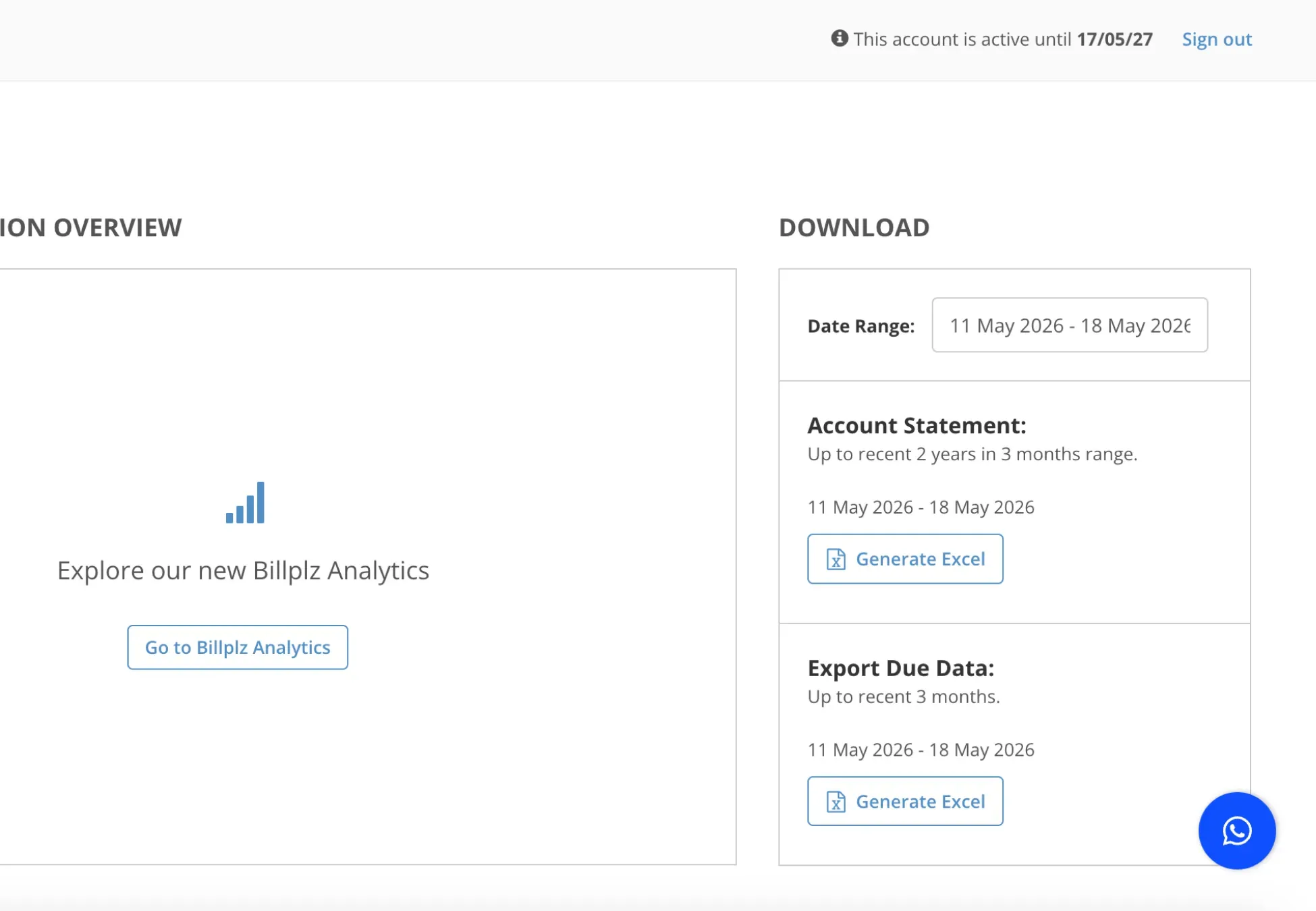 Billplz Dashboard - Download interface with date range selector and "Generate Excel" buttons for Account Statement.