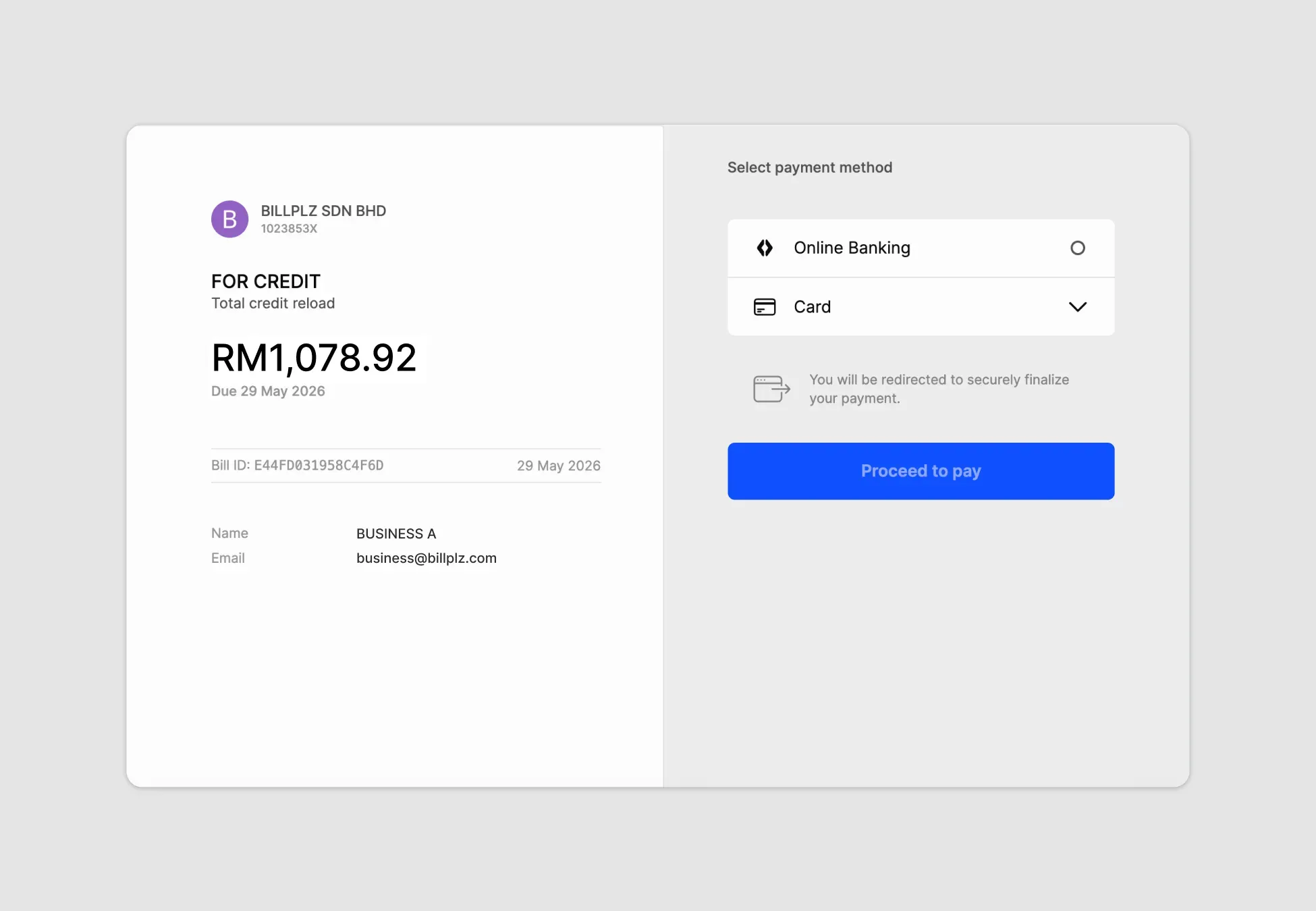 Billplz Checkout View - Billing selection screen to process the Standard Membership payment.