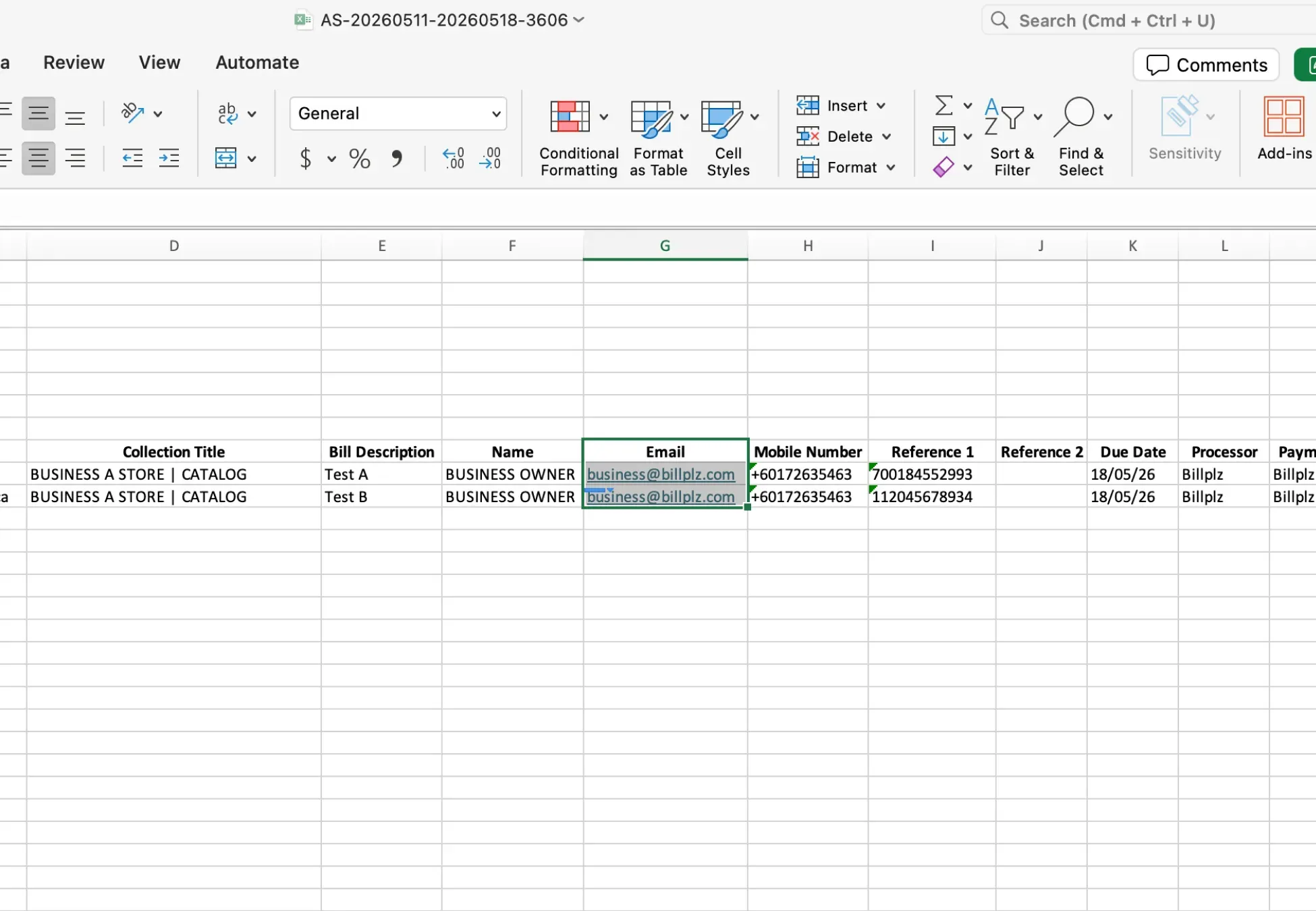 Billplz Account Statement - Excel worksheet view highlighting customer email communication records to resolve expired bill lookups.