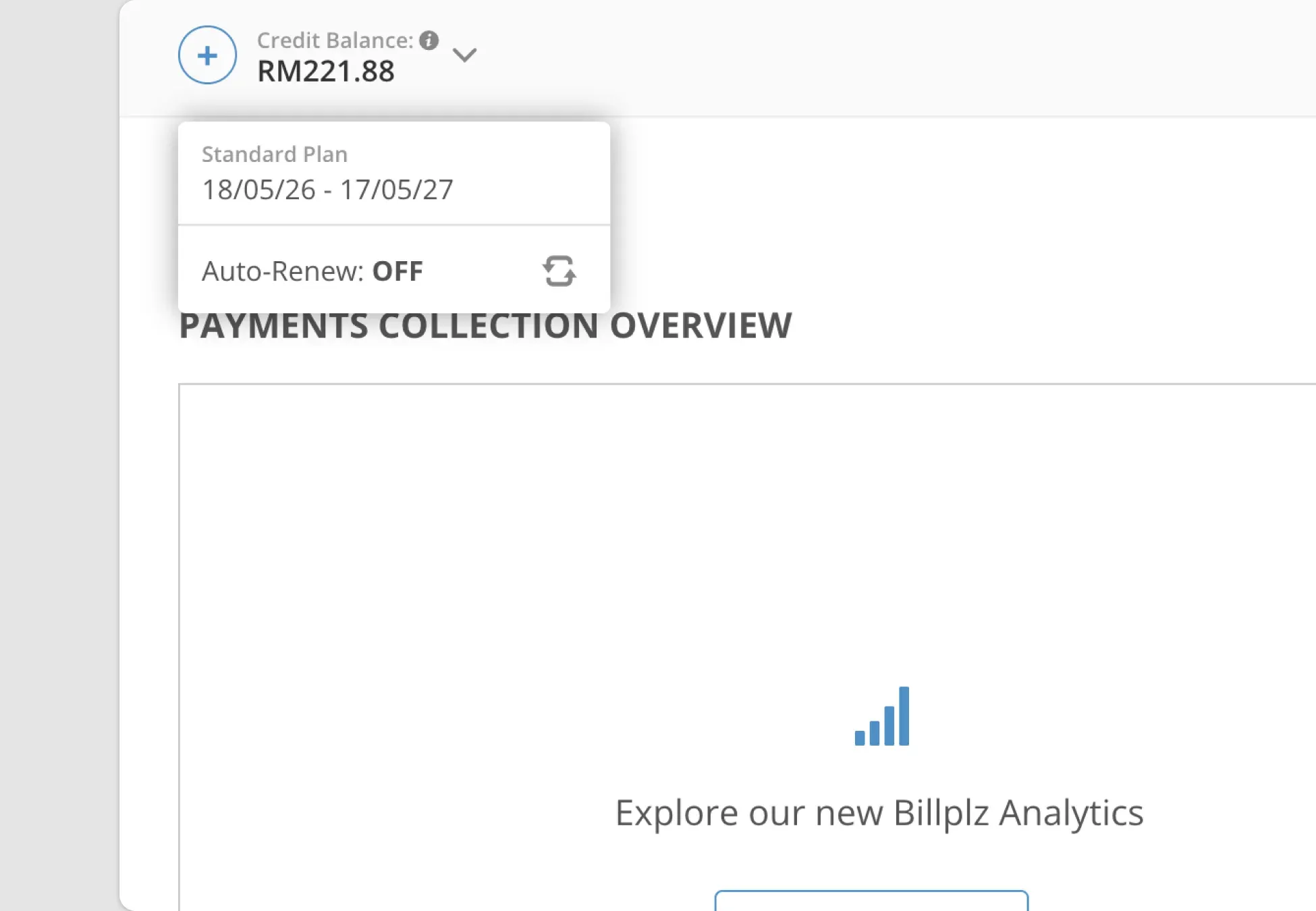 Billplz Membership Dropdown - Panel showing Standard Plan subscription validity dates and Auto-Renew status.