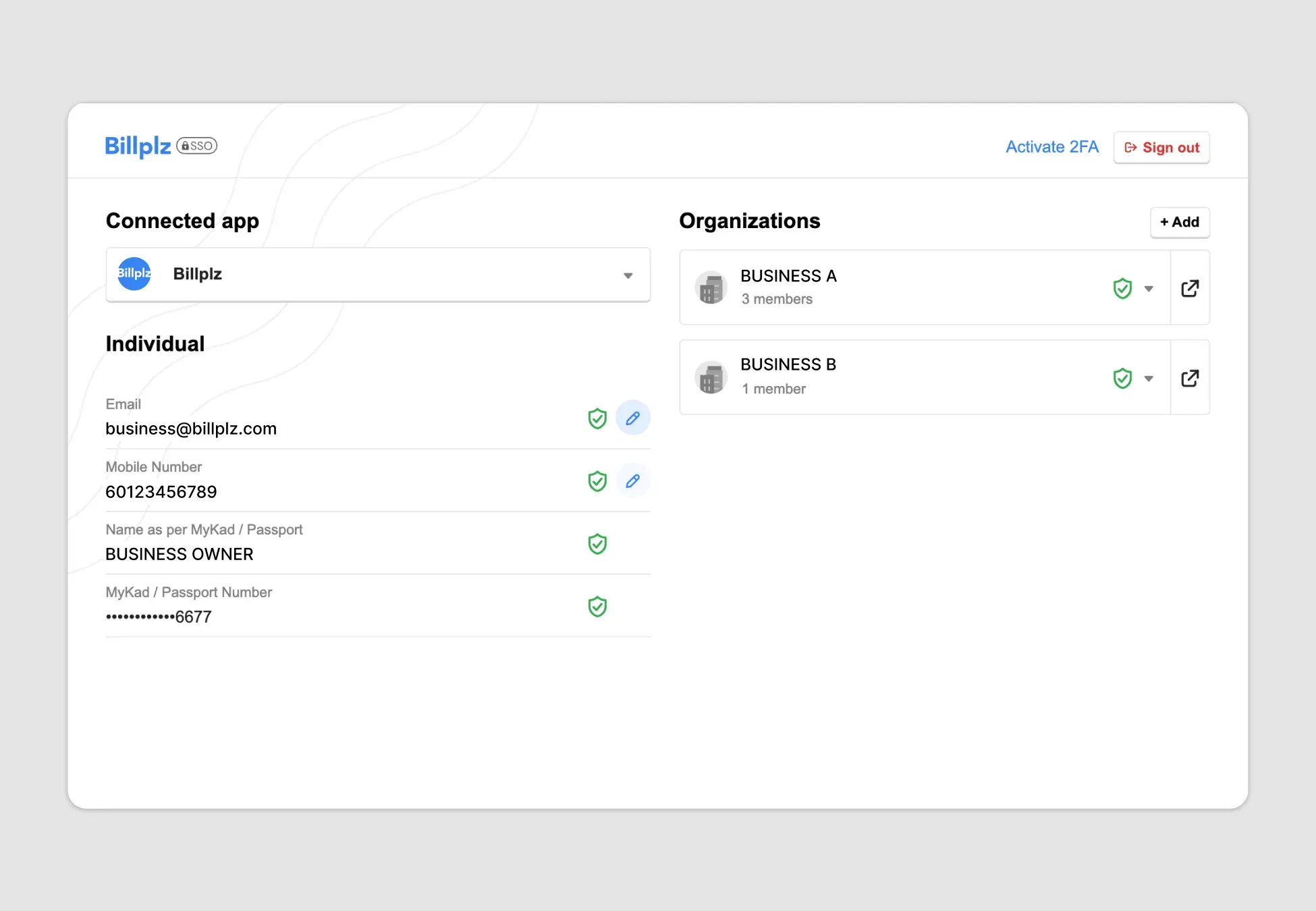 Billplz SSO Dashboard - Overview panel tracking organization statuses including approved and rejected accounts.