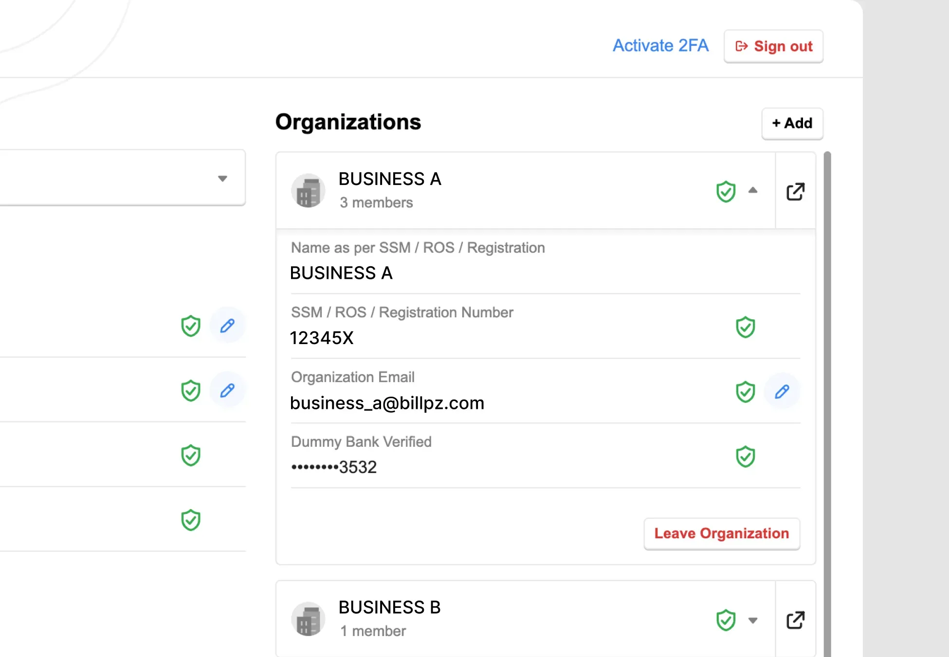 Billplz SSO Dashboard - Expanding a business organization entry to view active registration, email, and banking details.