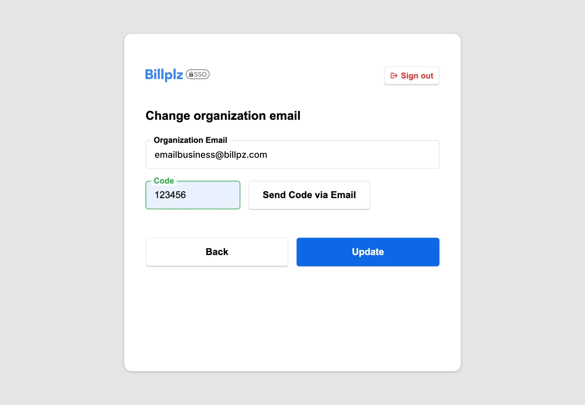 Billplz Email Verification - Inputting the 6-digit confirmation security string to validate the updated organization details.