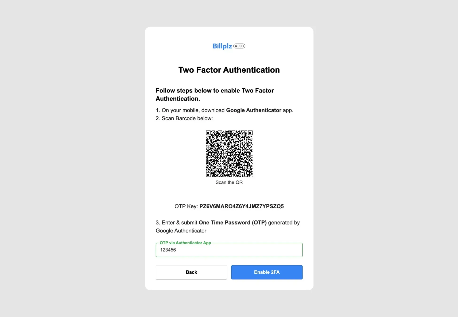 Billplz 2FA Verification - Submitting the 6-digit one-time password (OTP) to finalize the security configuration.