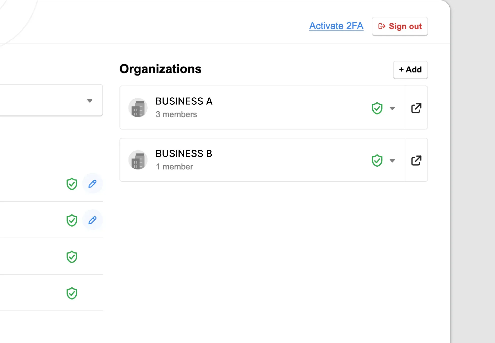 Billplz SSO Dashboard - Locating the "Activate 2FA" setup link in the top right corner of the organization panel.
