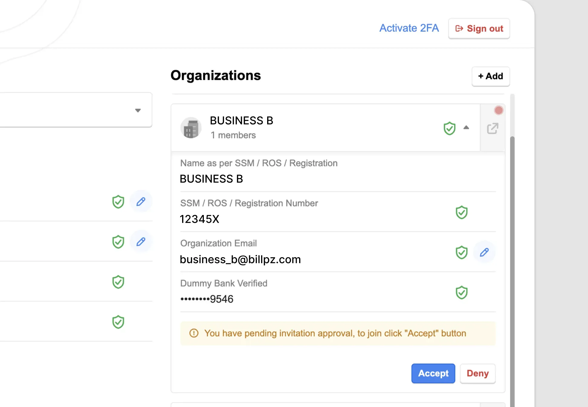 Billplz Invitation Approval - Pending notification box allowing the invitee to Accept or Deny the organization request.