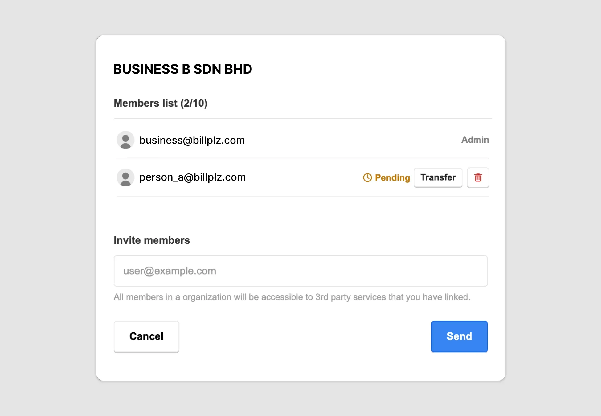 Billplz Member List - Tracking view showing a newly invited member with a "Pending" status flag.