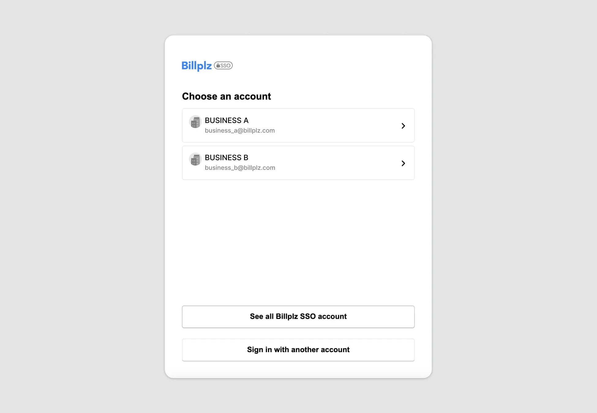 Billplz SSO Account Selection - Account gateway interface to choose a business profile or navigate to the full single sign-on listing.
