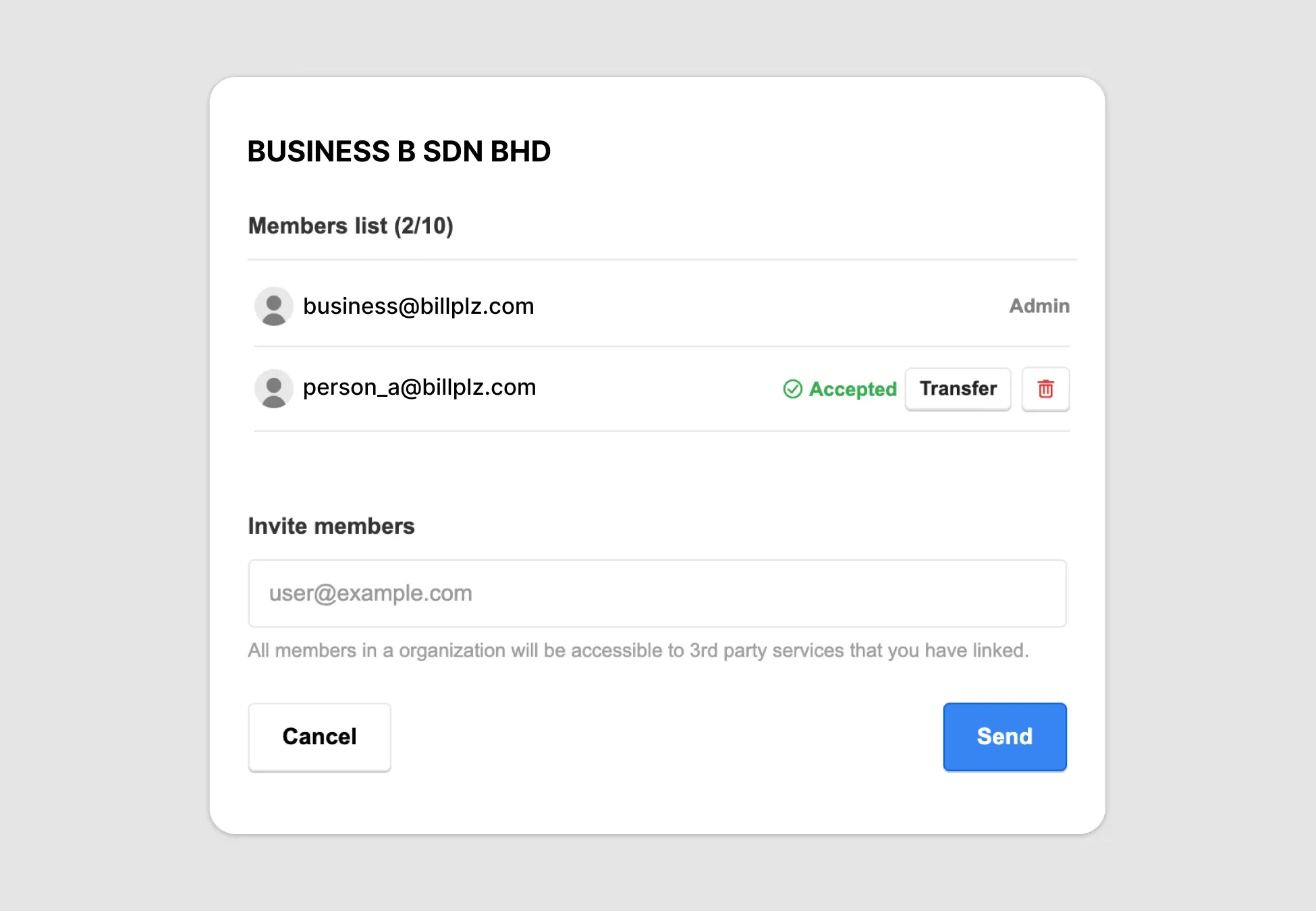 Billplz Members List - Action showing the "Transfer" button next to an active member's email address.