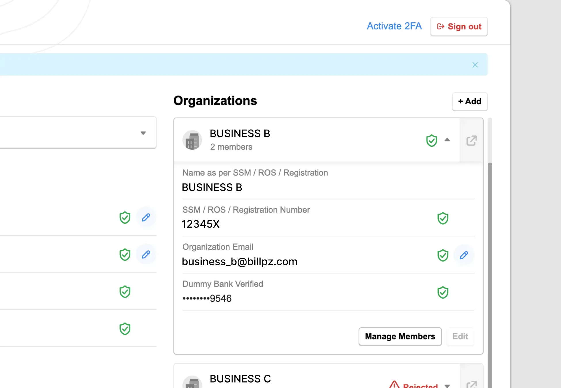 Billplz SSO Dashboard - Locating the "Manage Members" button within an expanded organization card.