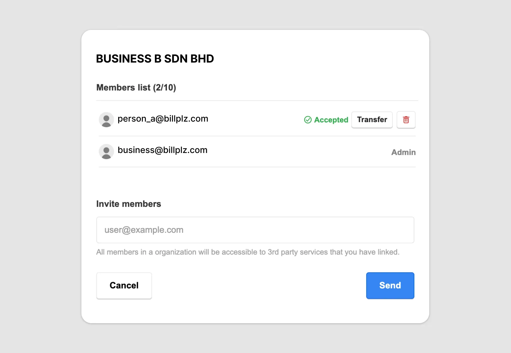 Billplz Members List - Action showing the trash bin icon button next to an active member's email address to remove them from the organization.