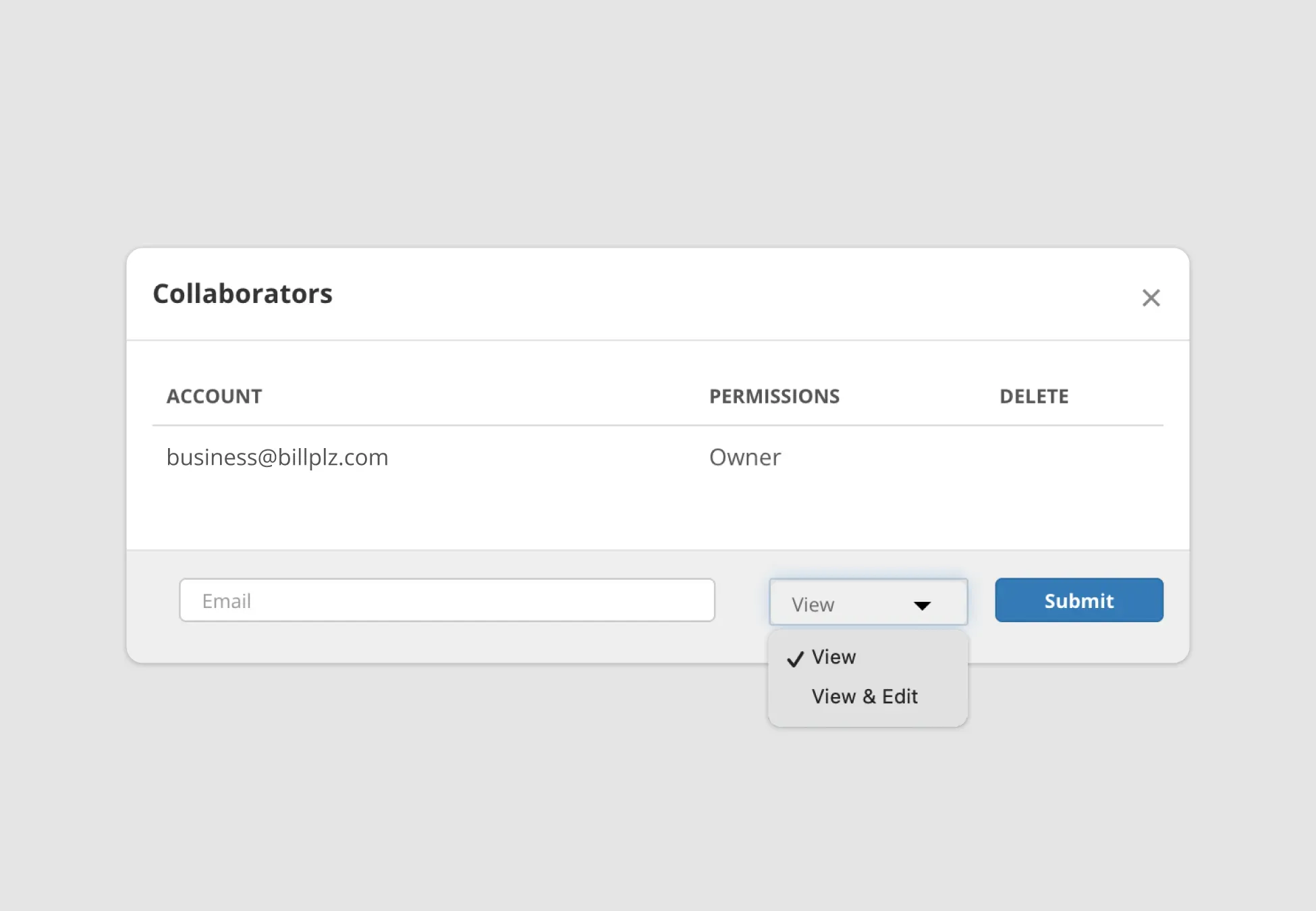 Billplz Collaborators Modal - Entering a team member's email and selecting a permission level from the dropdown.