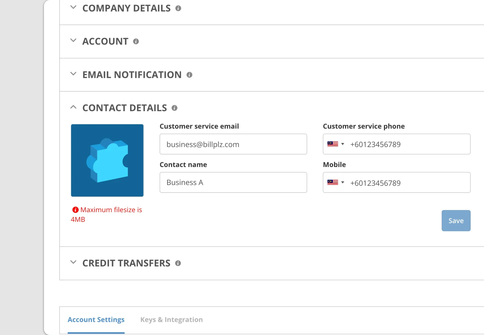 Billplz Contact Details - Account Settings page showing placeholder data fields for customer service details.