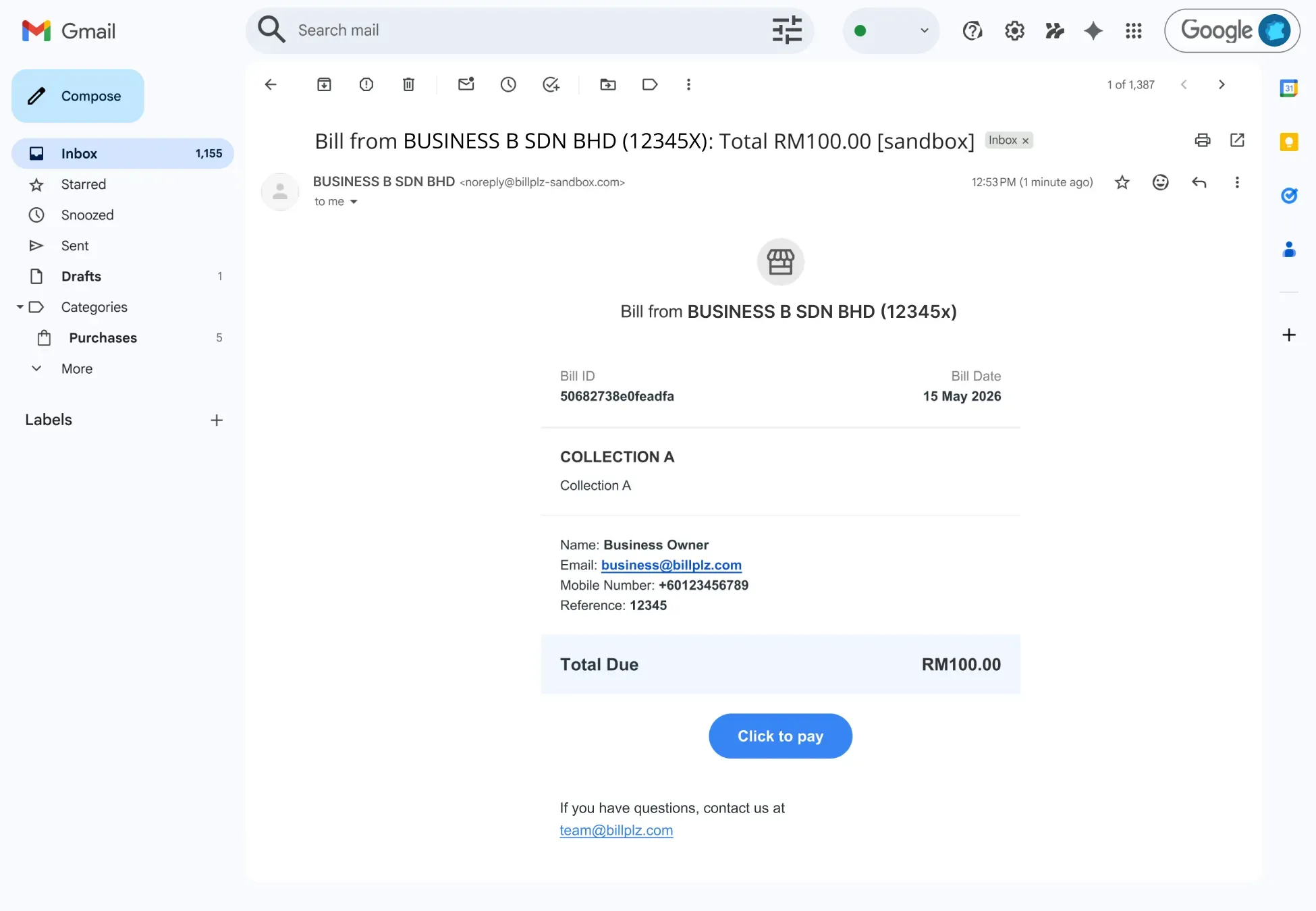 Billplz Email Notification - Customer view of a bill email displaying the updated support contact details at the bottom.