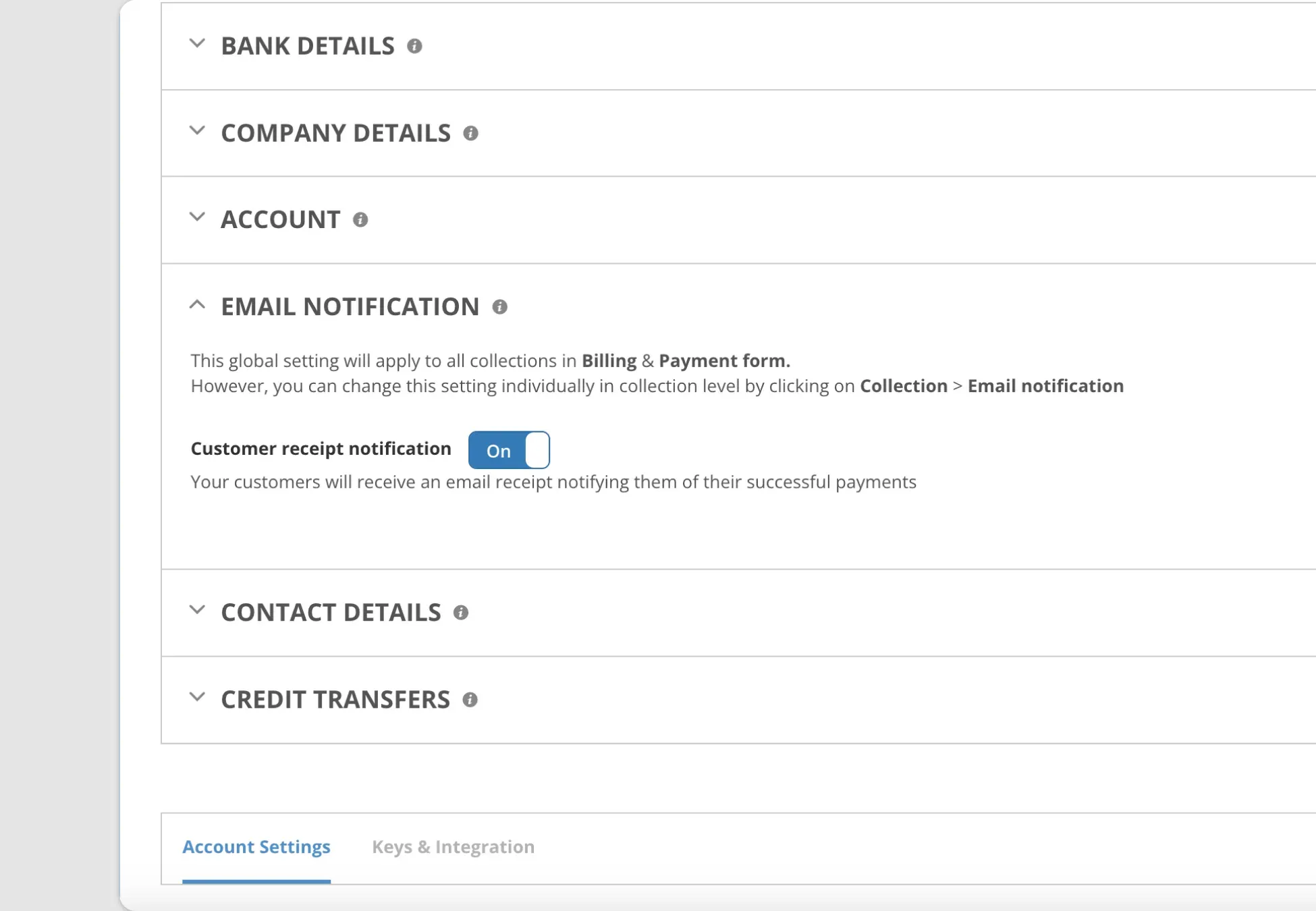 Billplz Email Settings - Global account view with the Customer receipt notification toggle switched to the ON position.