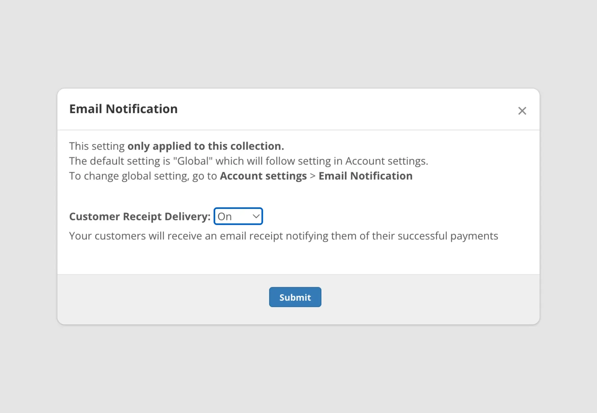 Billplz Collection Overrides - Independent collection configuration modal used to switch Customer Receipt Delivery to ON for a specific group.