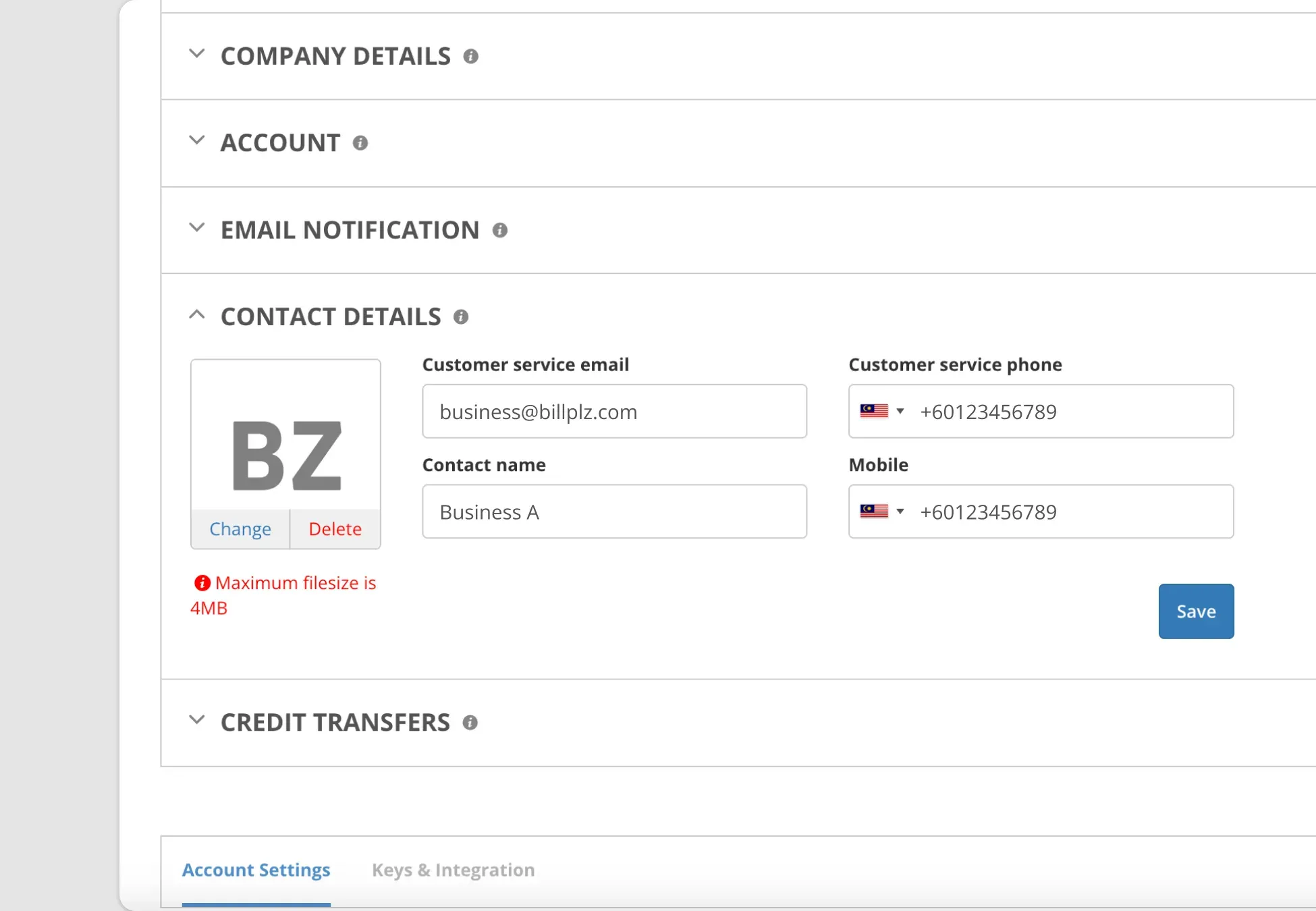 Billplz Settings Page - Bottom view of the Contact Details panel highlighting the blue Save button.