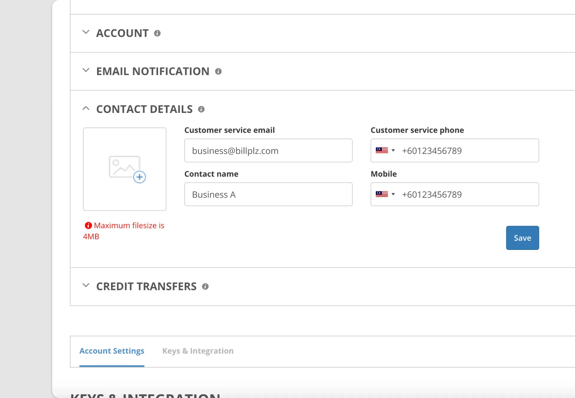 Billplz Logo Management - Custom avatar uploaded with functional Change and Delete actions displayed underneath.