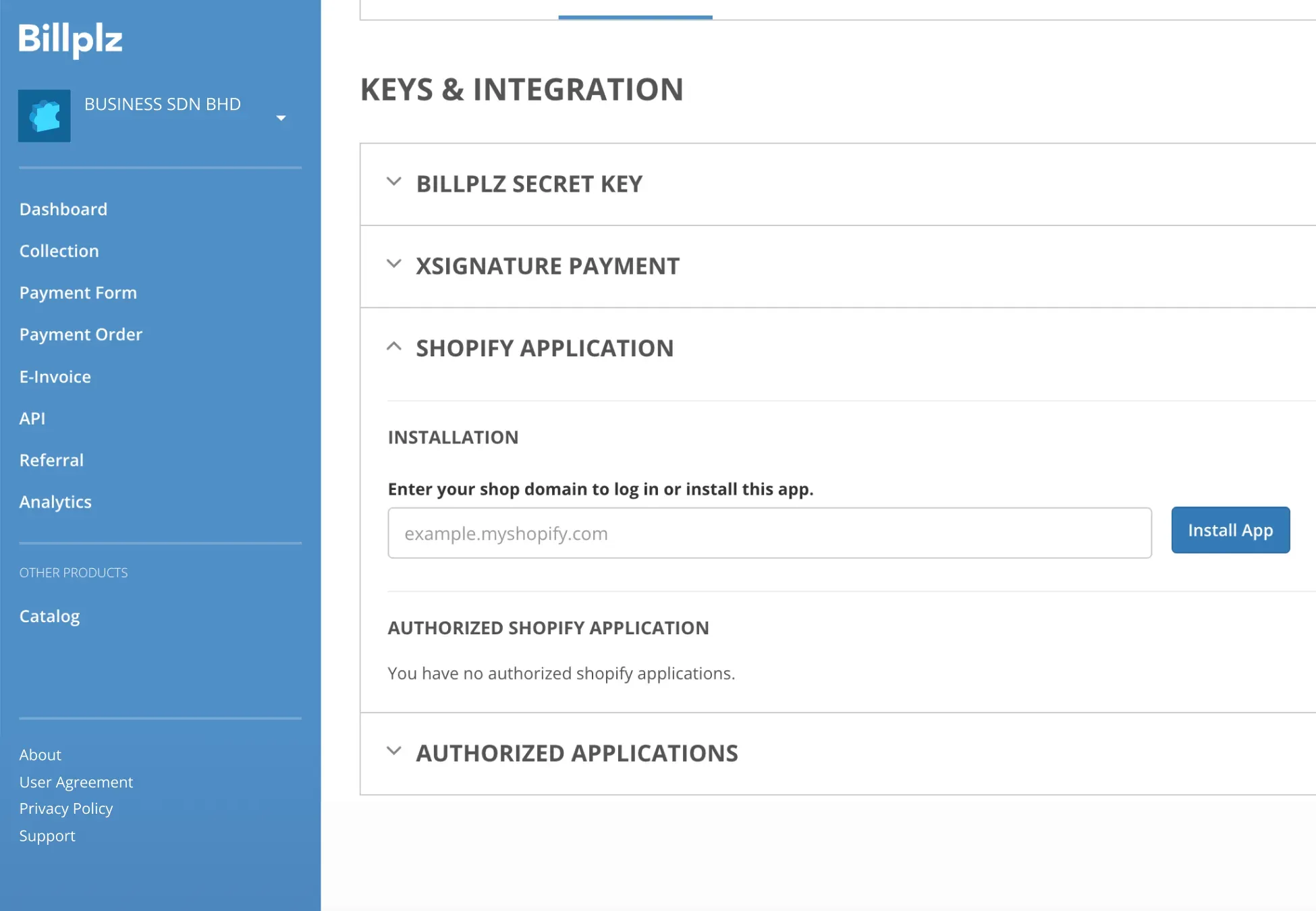Billplz Keys & Integration - Section to input a Shopify store domain to initiate the application installation.