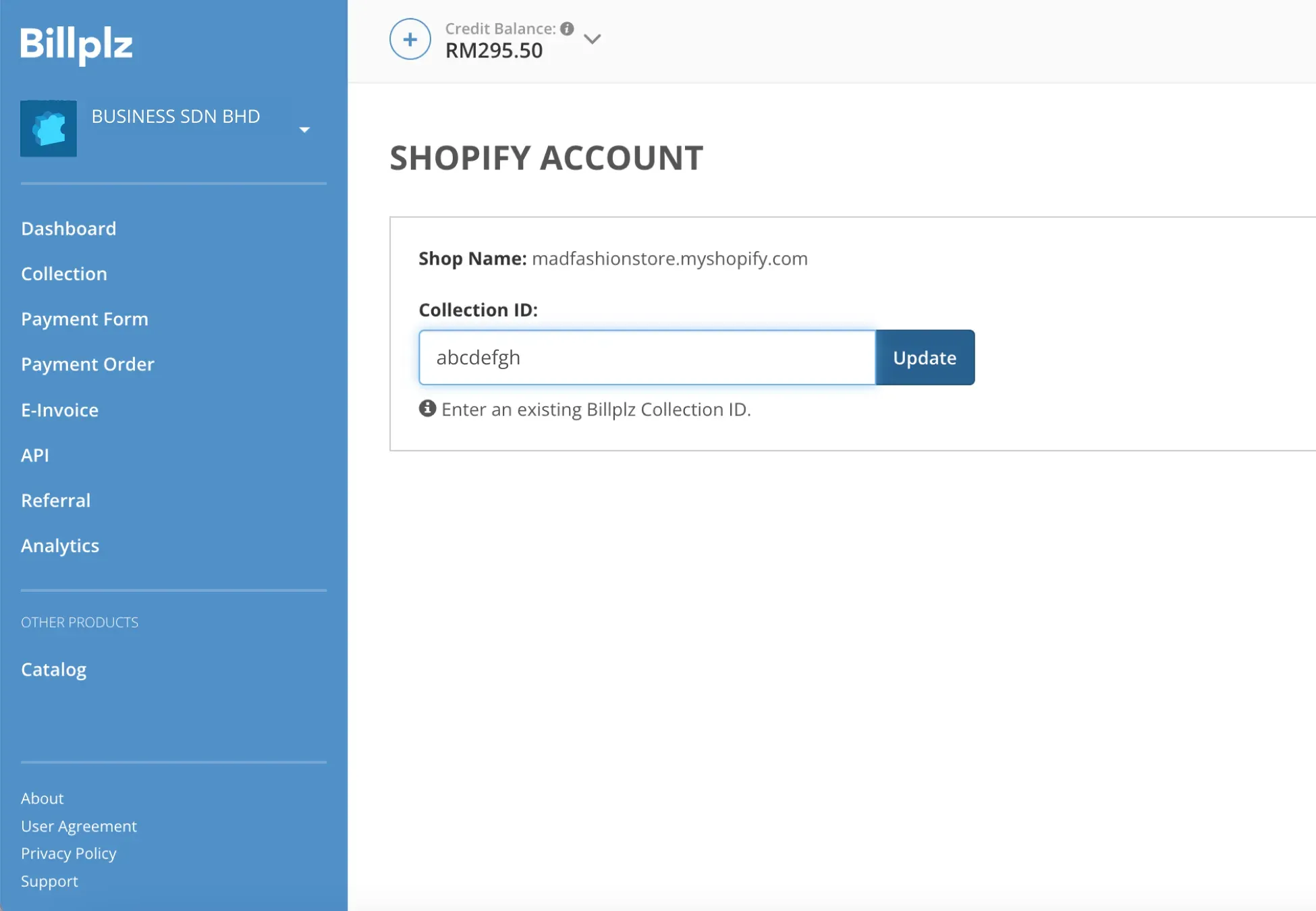 Billplz Shopify Account Configuration - Inputting a collection ID string to map incoming Shopify merchant sales to a targeted transaction folder.