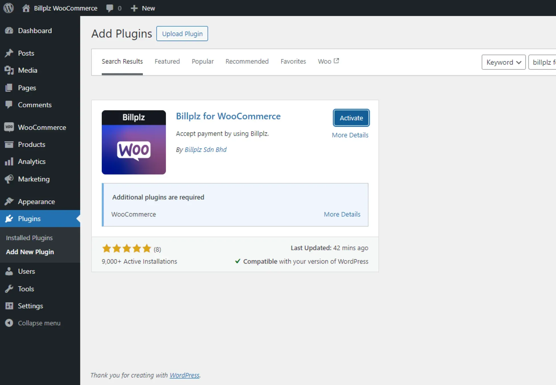 WooCommerce Plugin Activation - Activating the Billplz payment gateway extension inside the WordPress administration panel.