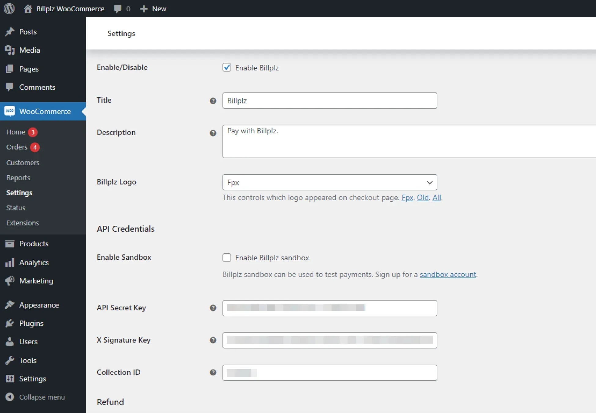 WooCommerce Gateway Settings - Configuring the gateway credential fields including API Secret Key, X Signature Key, and Collection ID.