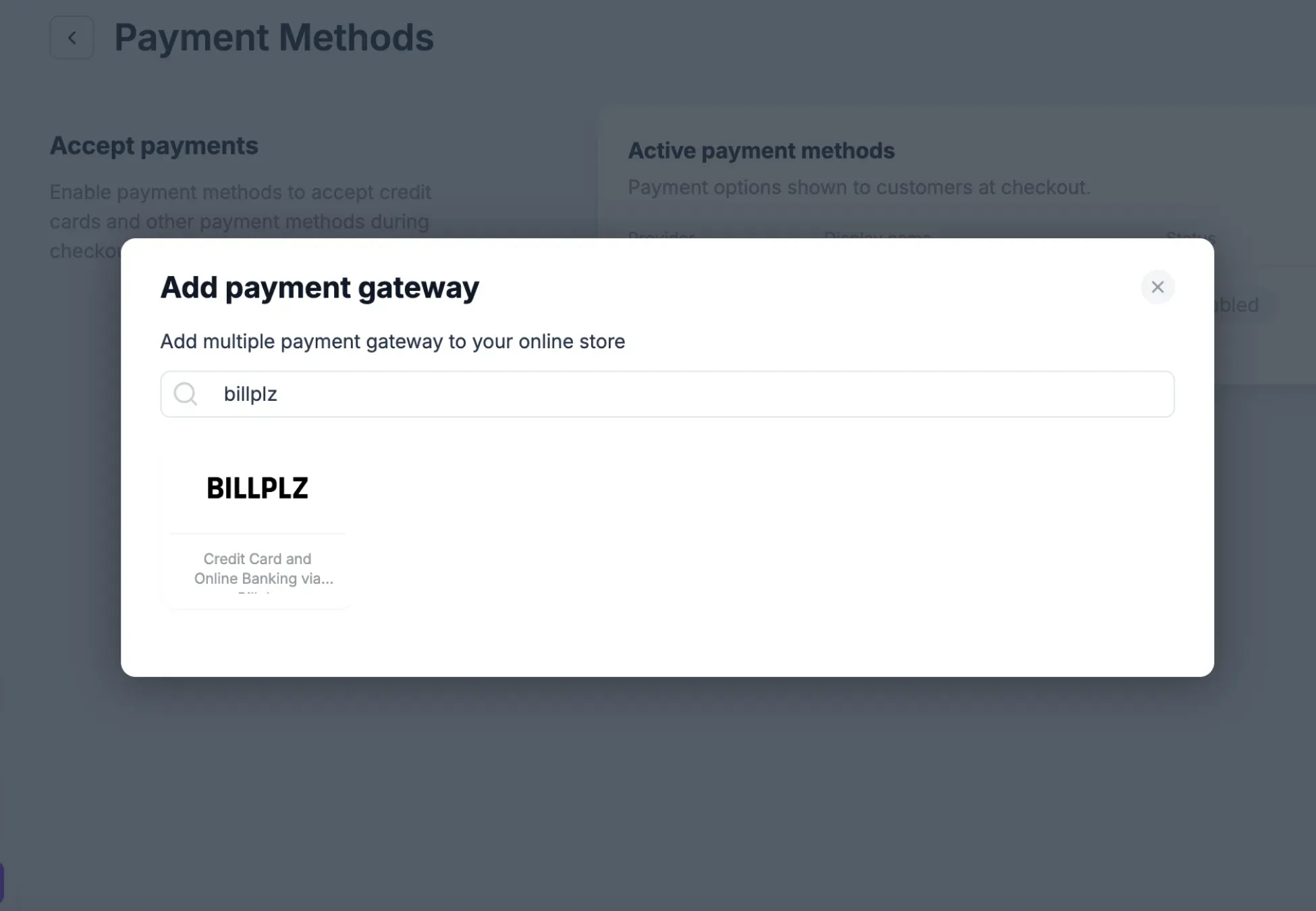 EasyStore Gateway Setup - Searching for Billplz inside the "Add payment gateway" search modal.
