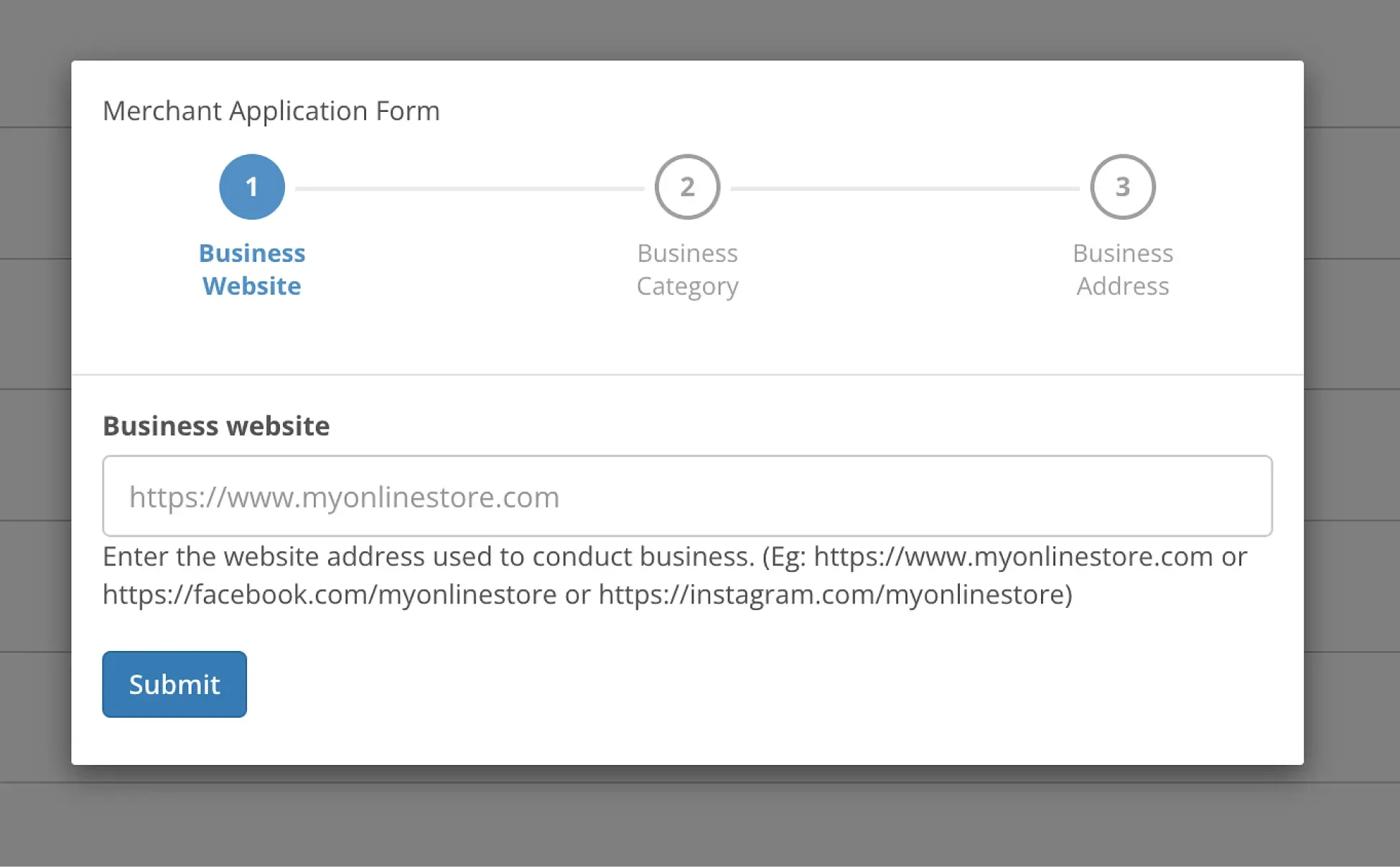 Merchant Application Form step 1 for entering a business website URL.