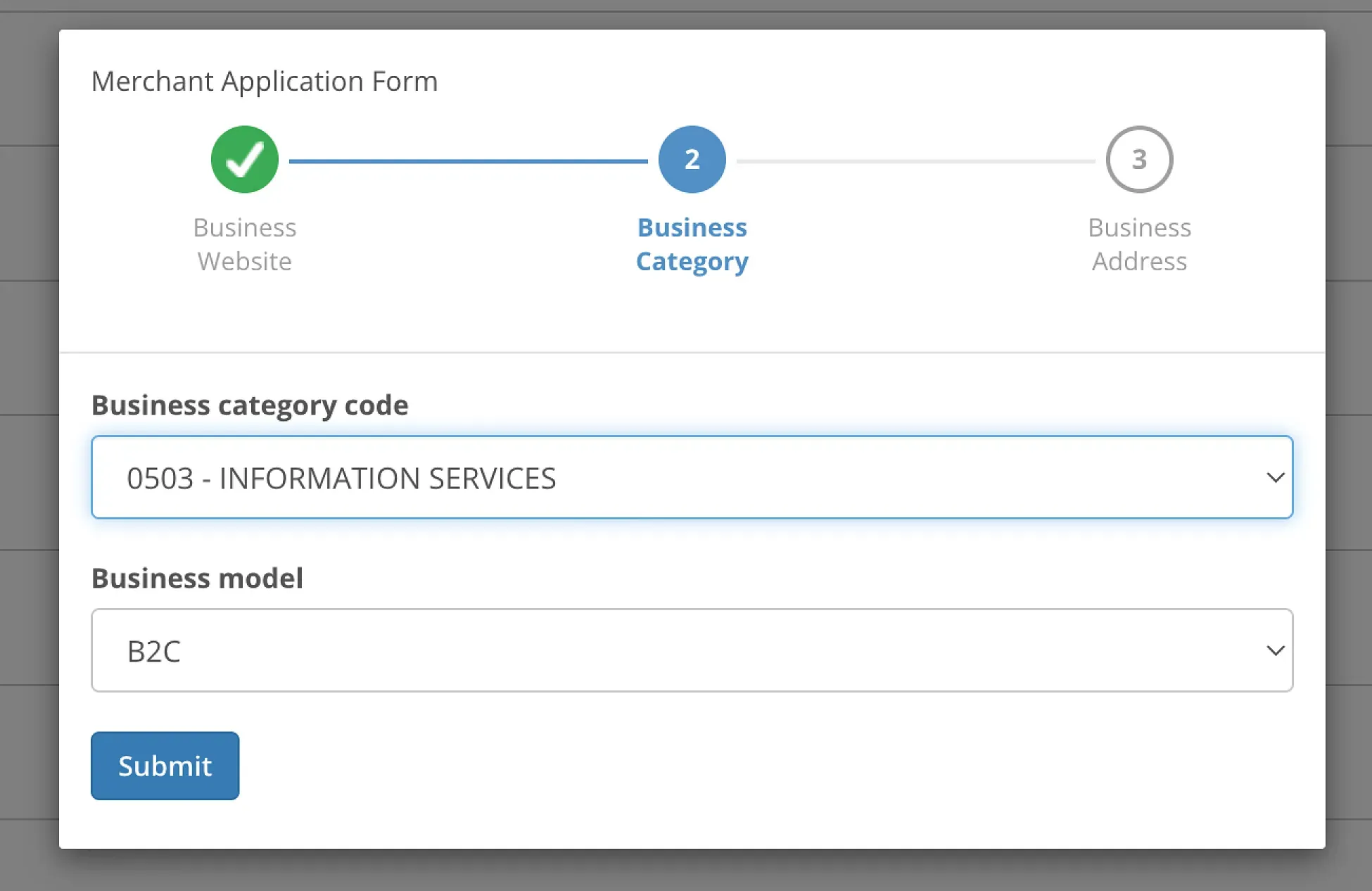 Merchant Application Form step 2 for selecting business category and business model.
