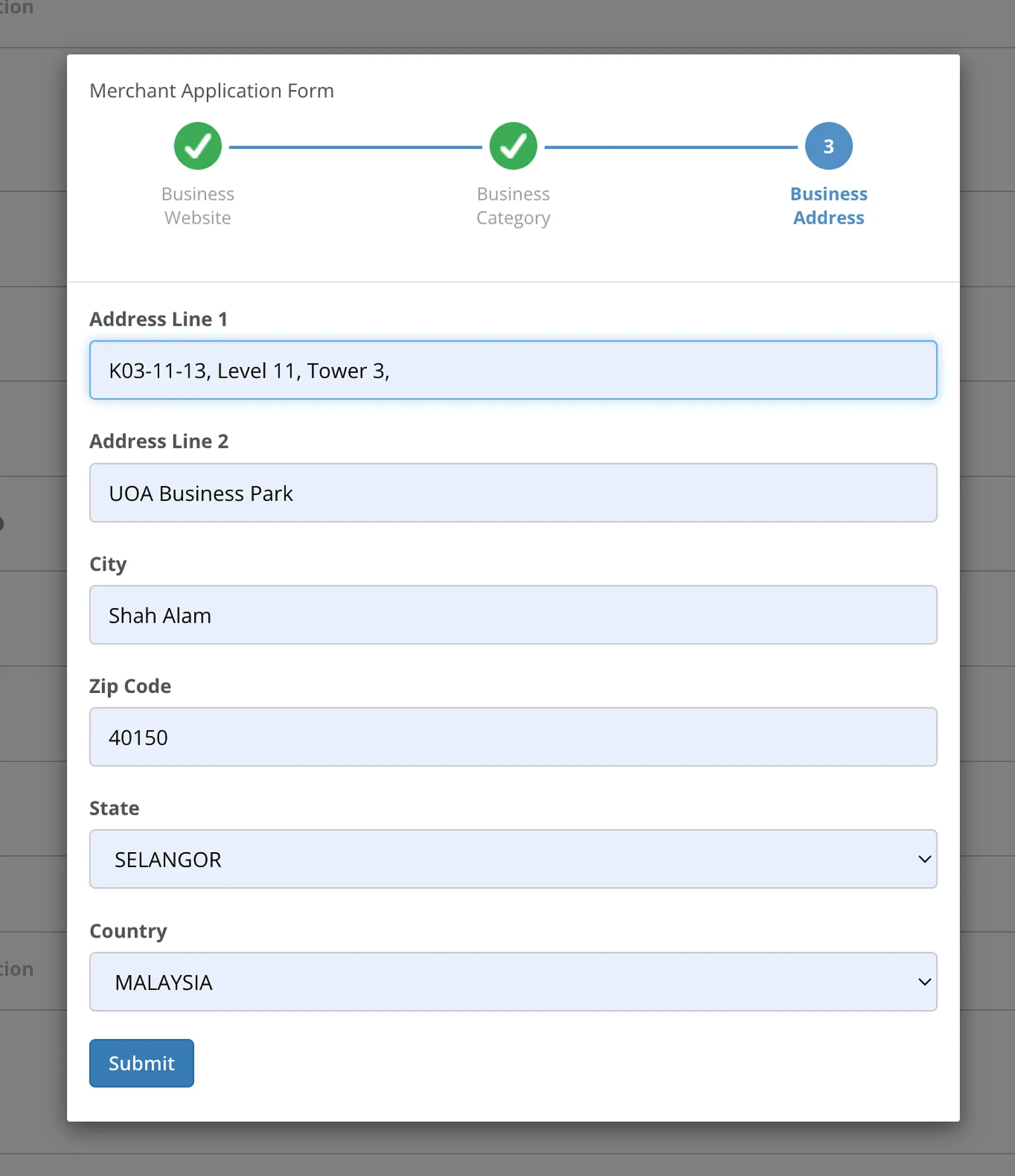 Merchant Application Form step 3 for filling out business address details.