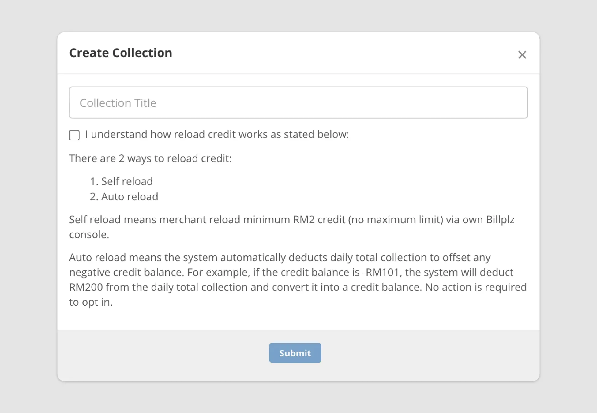 Billplz Collection Creation - Input modal to specify a custom collection title and review account credit reload rules.