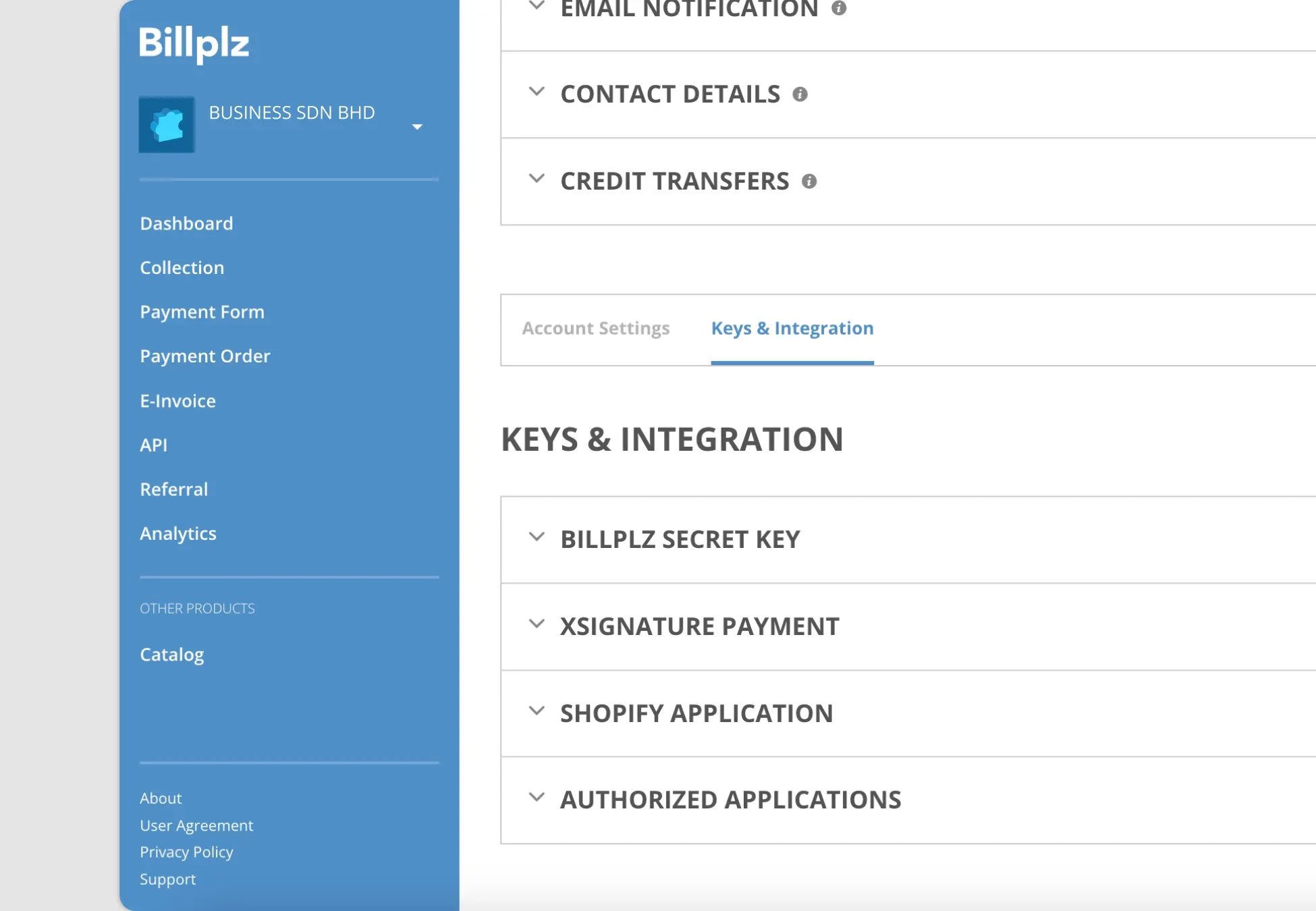 Billplz Account Settings - Locating and selecting the "Keys & Integration" navigation tab.
