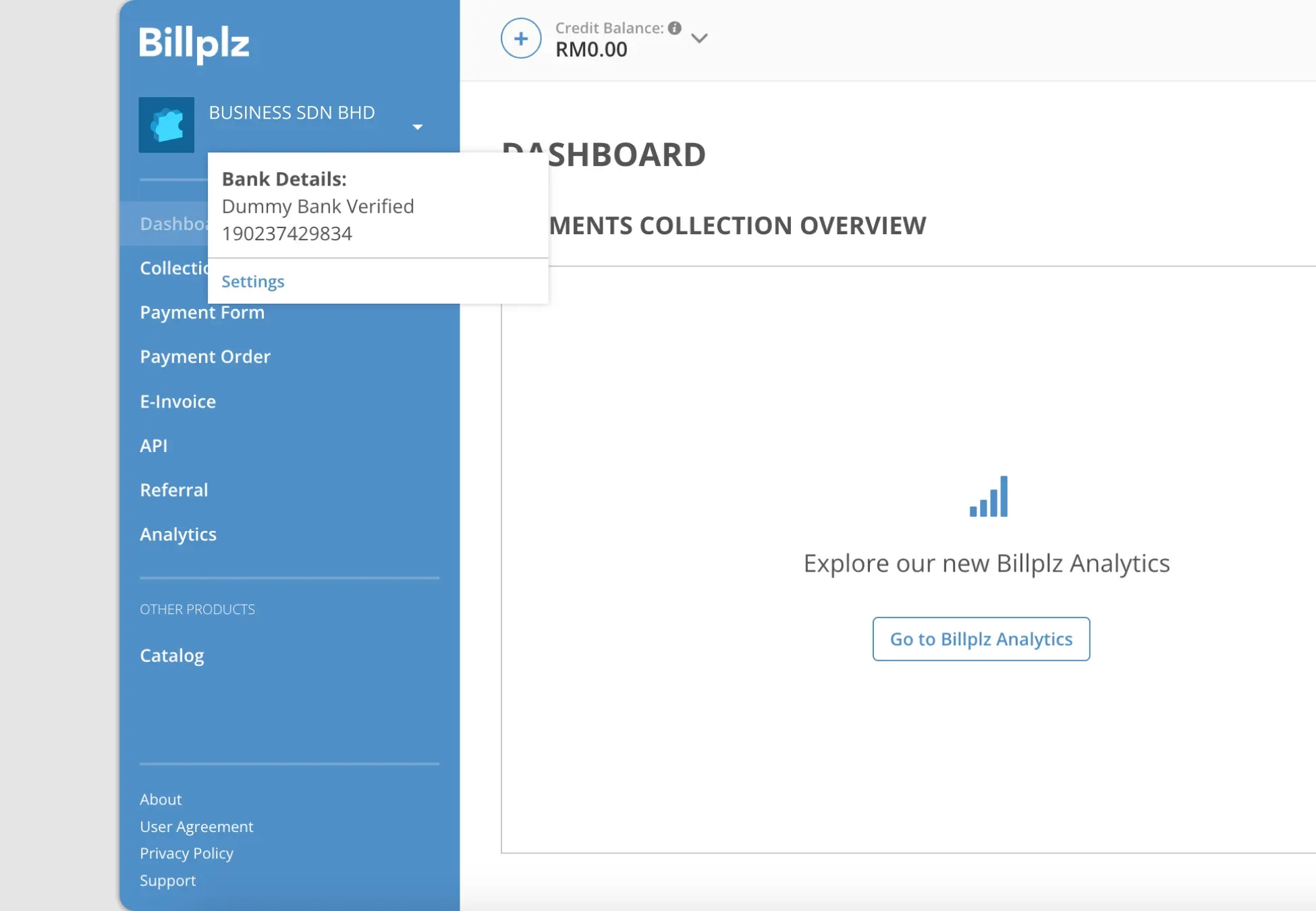 Billplz Dashboard - Opening the organization profile header menu to navigate to settings.
